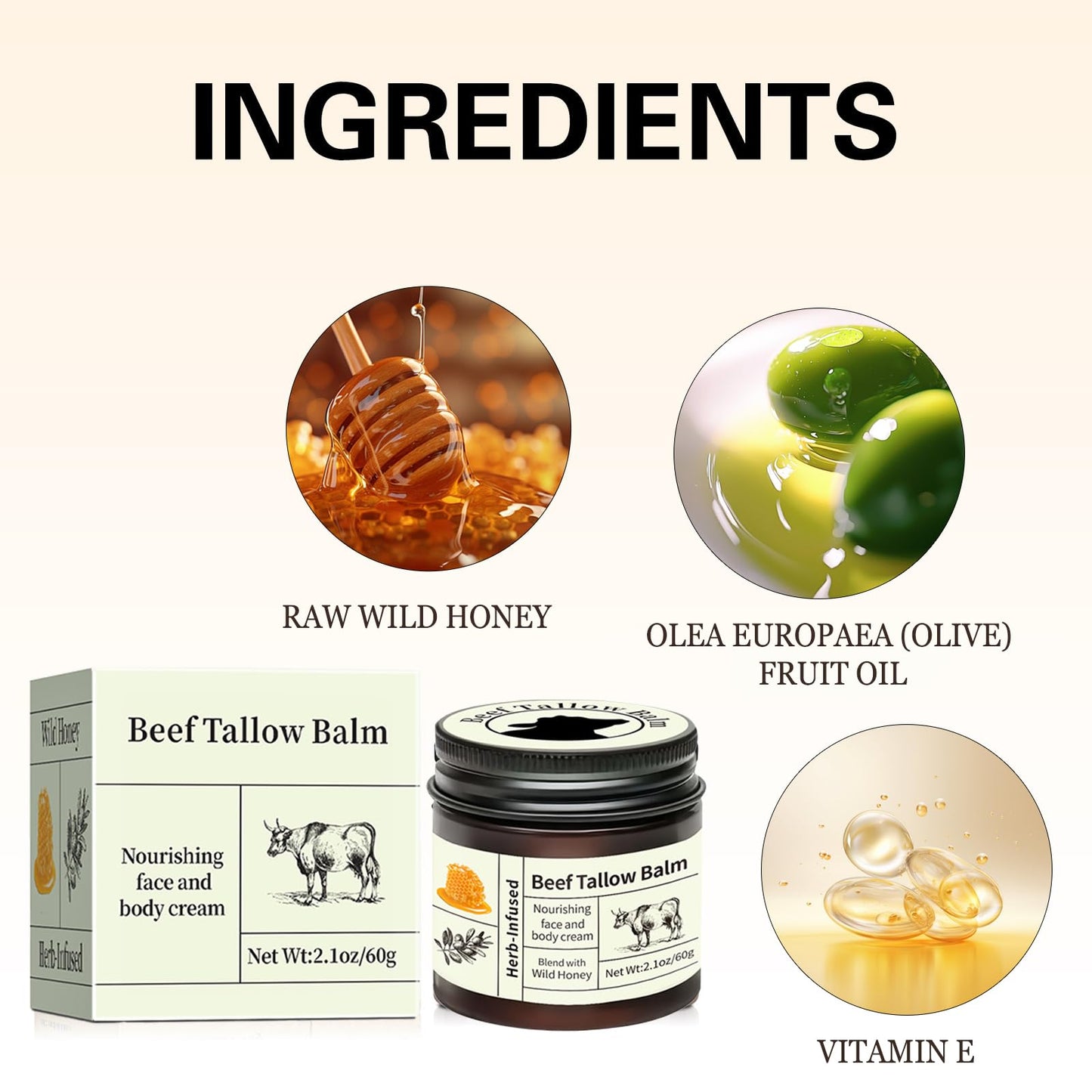 Wormeer Grass-Fed Beef Tallow Honey Balm for Skin - Nourishing Face & Body Cream for Dry Skin - Moisturizing Skincare with Mild Ingredients (Color, A)