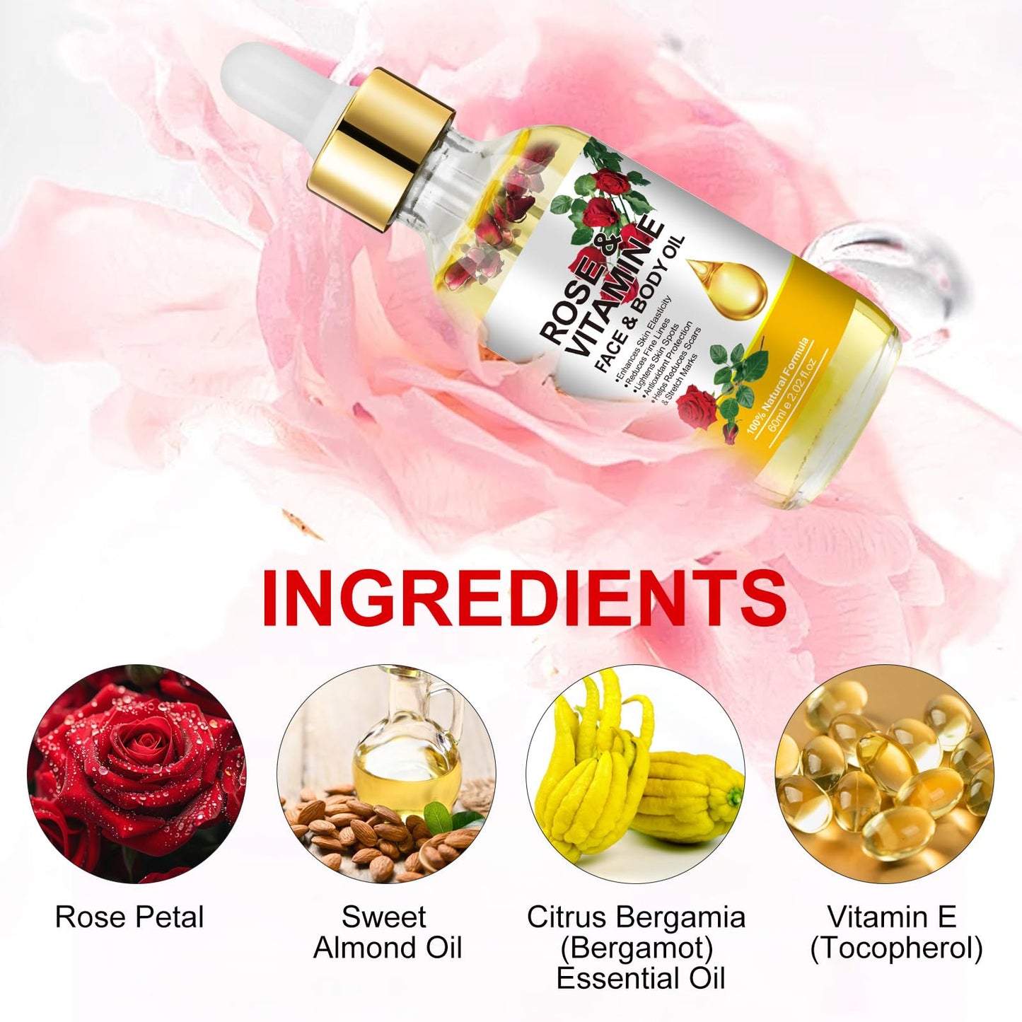 Generic Rose Vitamin E Face & Body Oil - 100% Natural Moisturize Reduce Wrinkles Diminish Scars and Stretch Marks Enhances Skin Elasticity Rose Vitamin E Oil Organic for Face Body Massage Oil