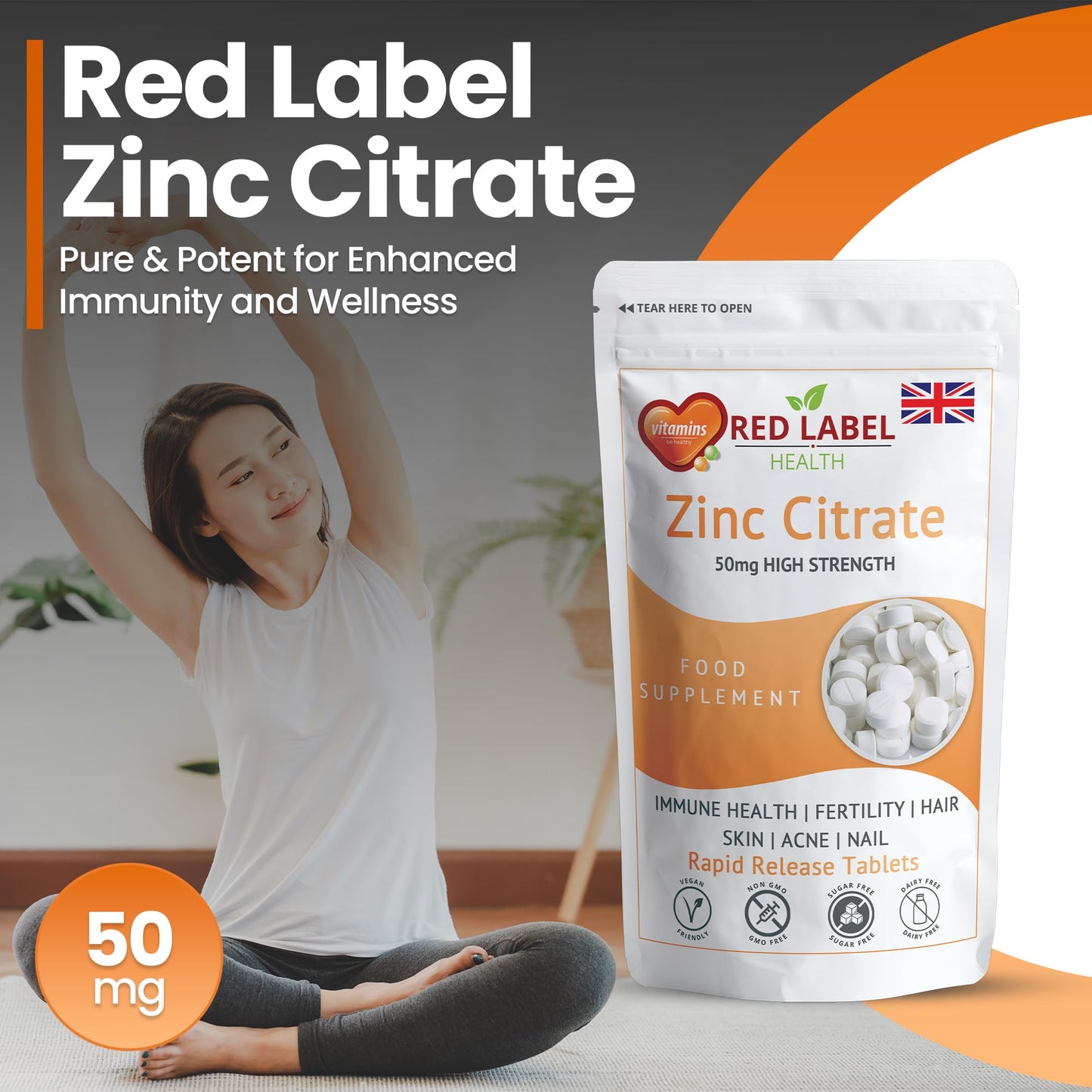 Red Label Health Zinc Citrate 50mg - 200 Vegan Tablets - Immune Function, Fertility, Healthy Bones, Vision, Hair, Nails and Skin | (6+ Months Supply) | Letterbox Friendly - Made in The UK
