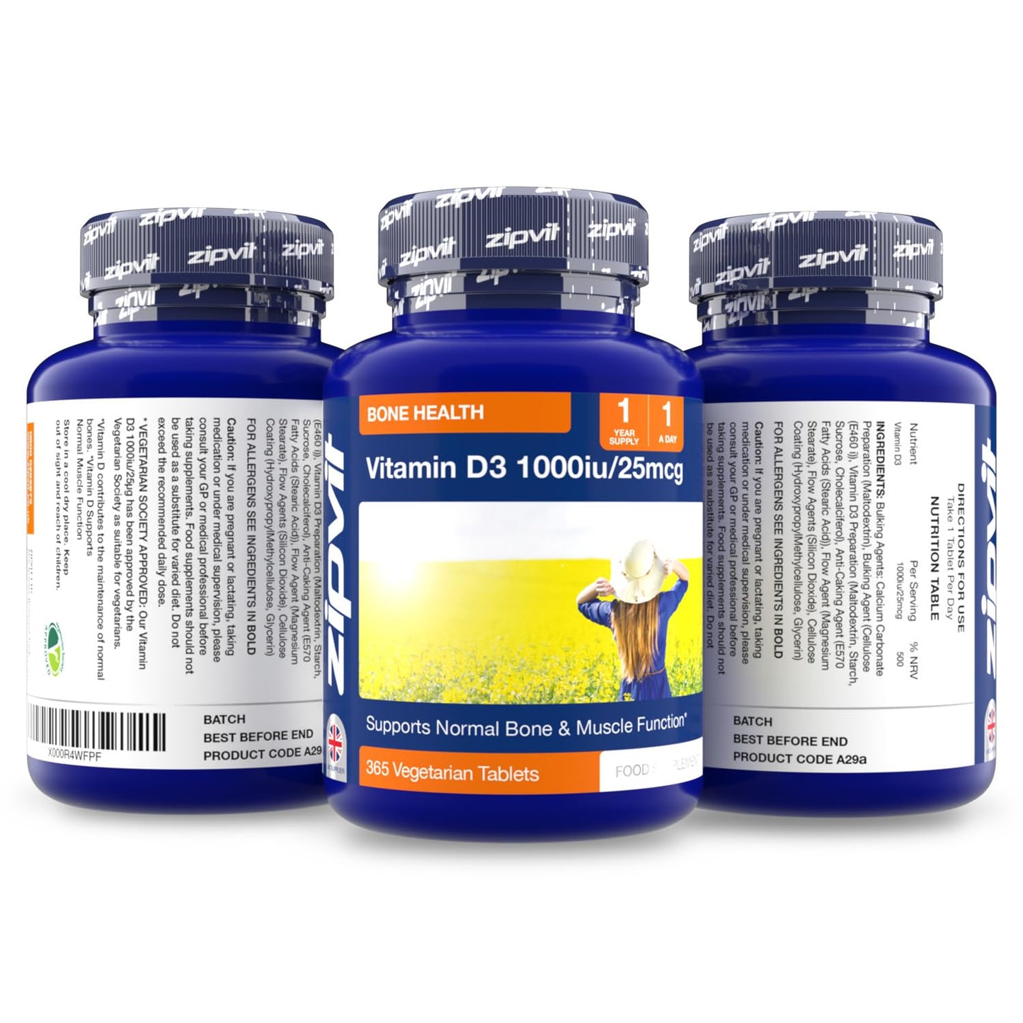Zipvit Vitamin D 1000IU, 1 Year Supply, 365 Vegetarian D3 Tablets, High Absorption, Easy-to-Swallow Vitamin D Tablets for Immune, Bone & Muscle Health