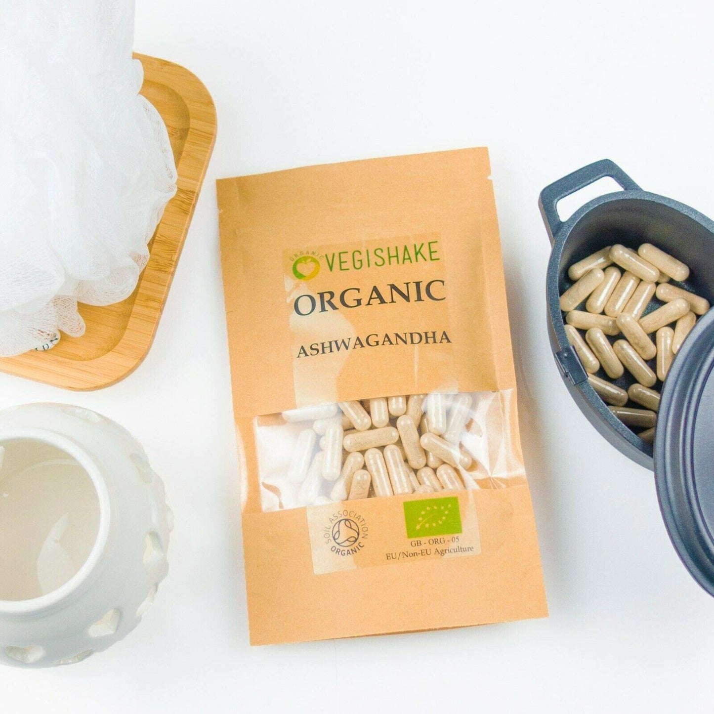 vegishake Organic Ashwagandha Withania Somnifera Indian Ginseng Winter Cherry HPMC Capsules 1000mg Vegan Halal Kosher (90 Capsules)