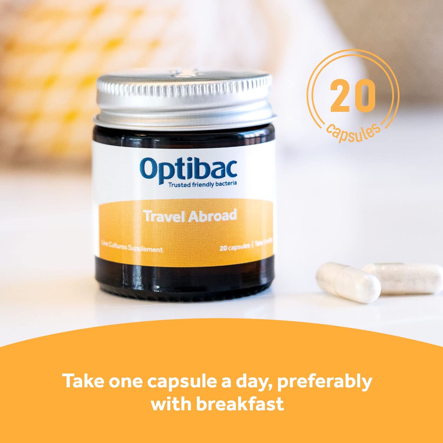 Optibac Travel Abroad Probiotics -Vegan Digestive Probiotic Supplement Formulated for Travel Support & Gut Health, 5 Billion Live Cultures - 20 Capsules