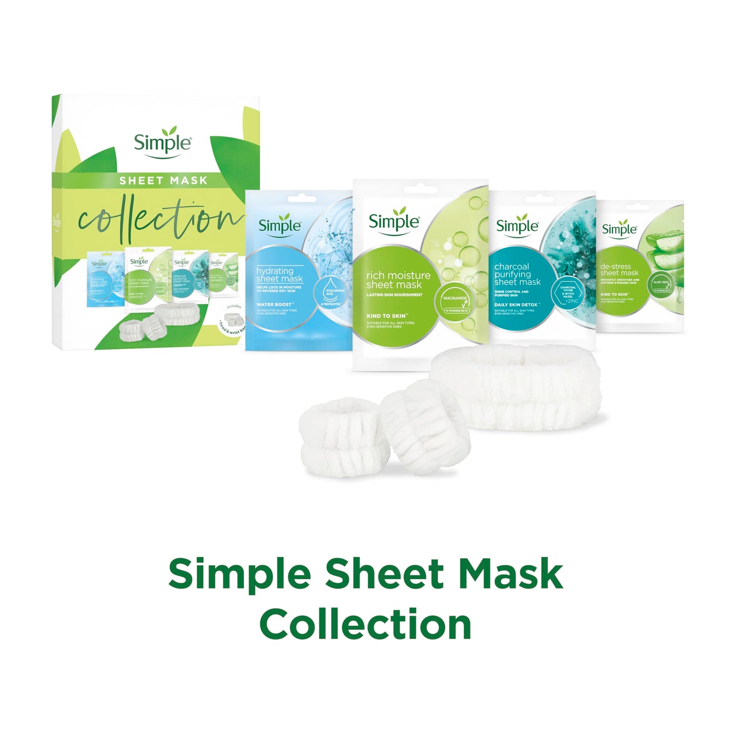 Simple Sheet Mask Collection Moisturising Gift Set with Headband & Wristbands of Beauty Products 4 piece