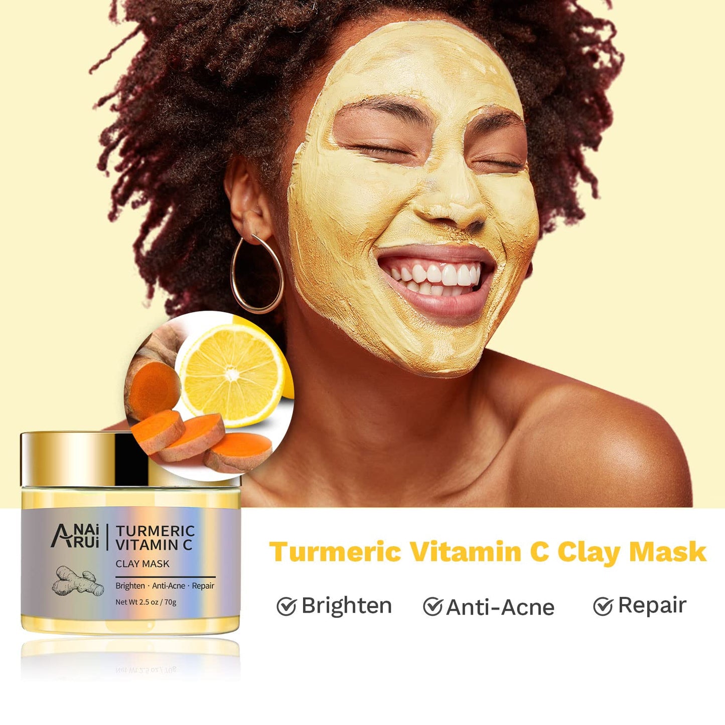 ANAiRUi Clay Mask Set for Skin Care - included Turmeric Vitamin C + Rose + Avocado Green Tea Face Mask - Deep Cleansing, Hydrating, and Nourishing - Reduces Acne and Pores, 210g