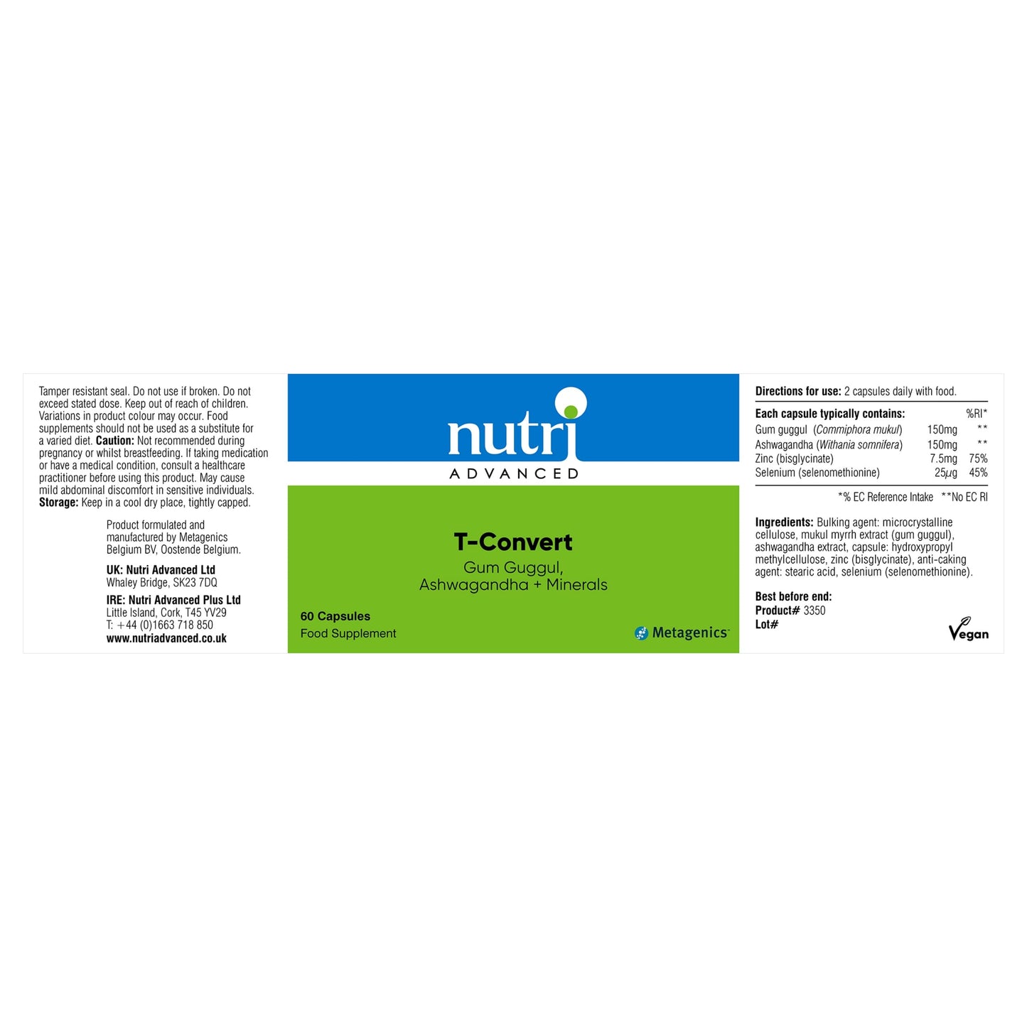 Nutri Advanced - T-Convert - Gum Guggul with Ashwagandha, Selenium and Zinc - Healthy Thyroid Hormone Conversion - 60 Capsules
