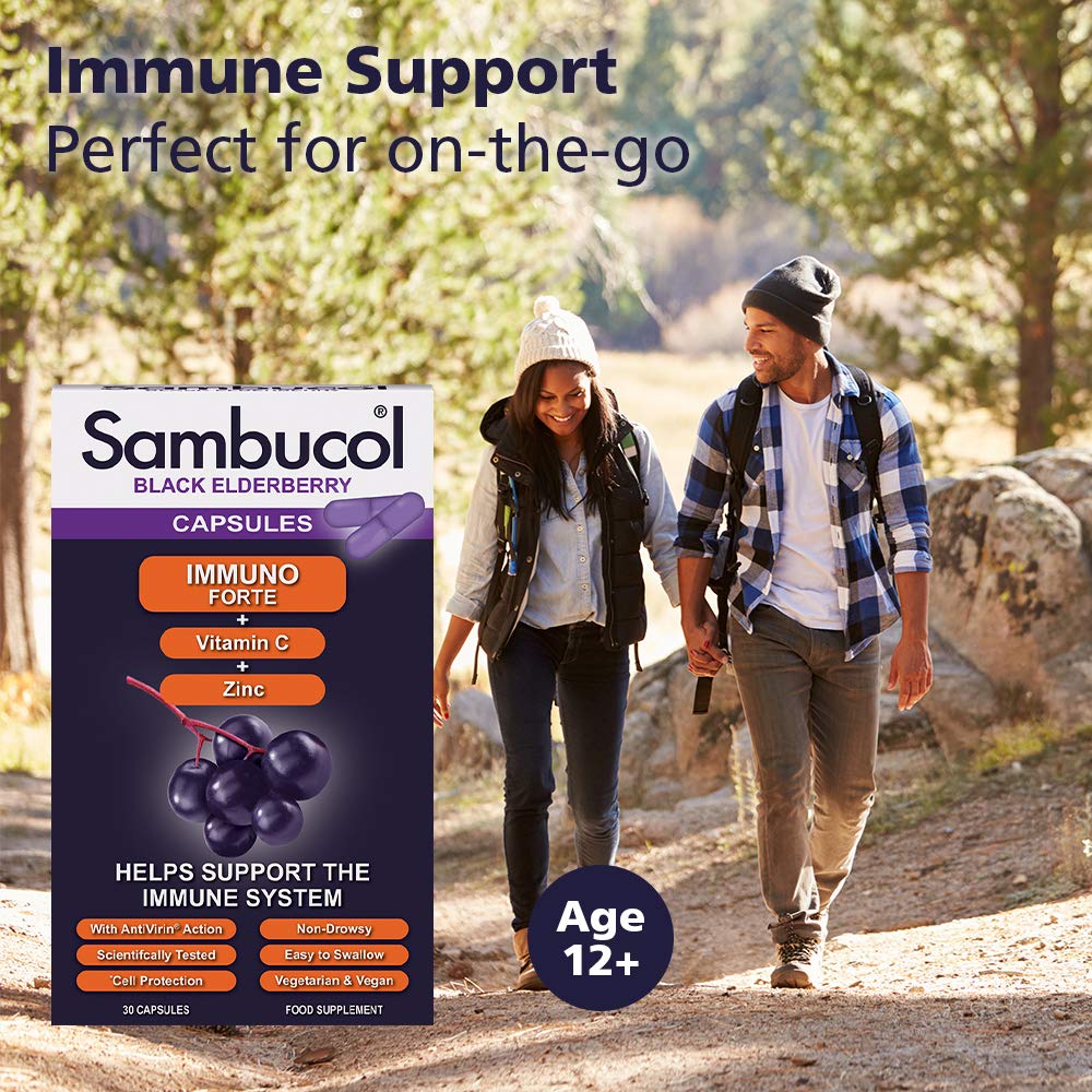 Sambucol Natural Black Elderberry Immuno Forte Capsules | Vitamin C | Zinc | Immune Support Supplement | 30 Capsules