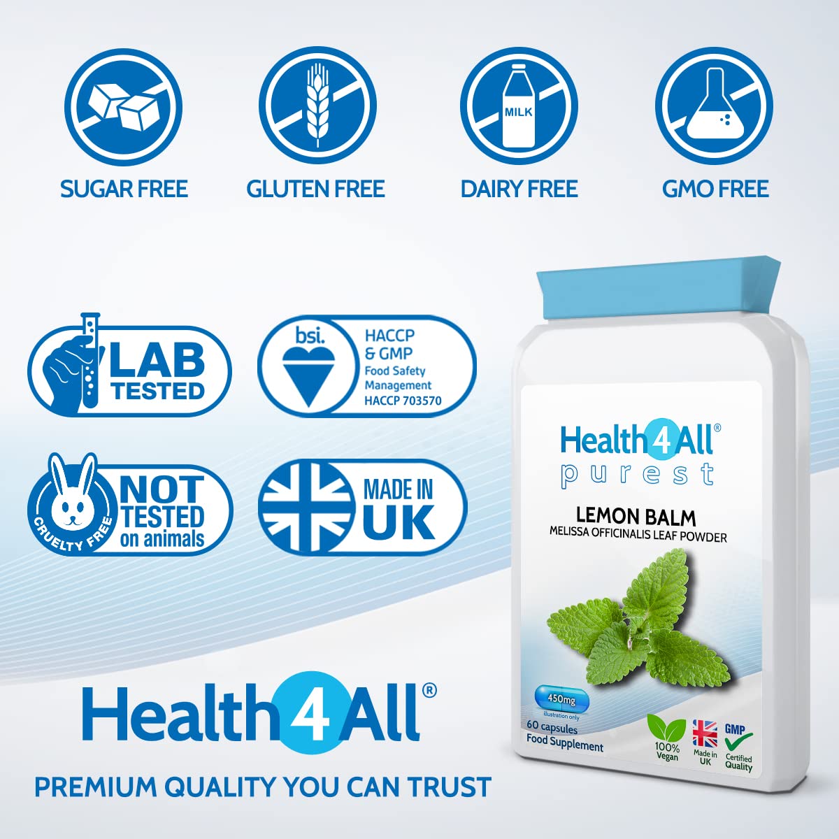 Health4All Lemon Balm 450mg 60 Capsules (V) (not Tablets) Purest- no additives, Vegan. Melissa for Anxiety, Stress and Sleep