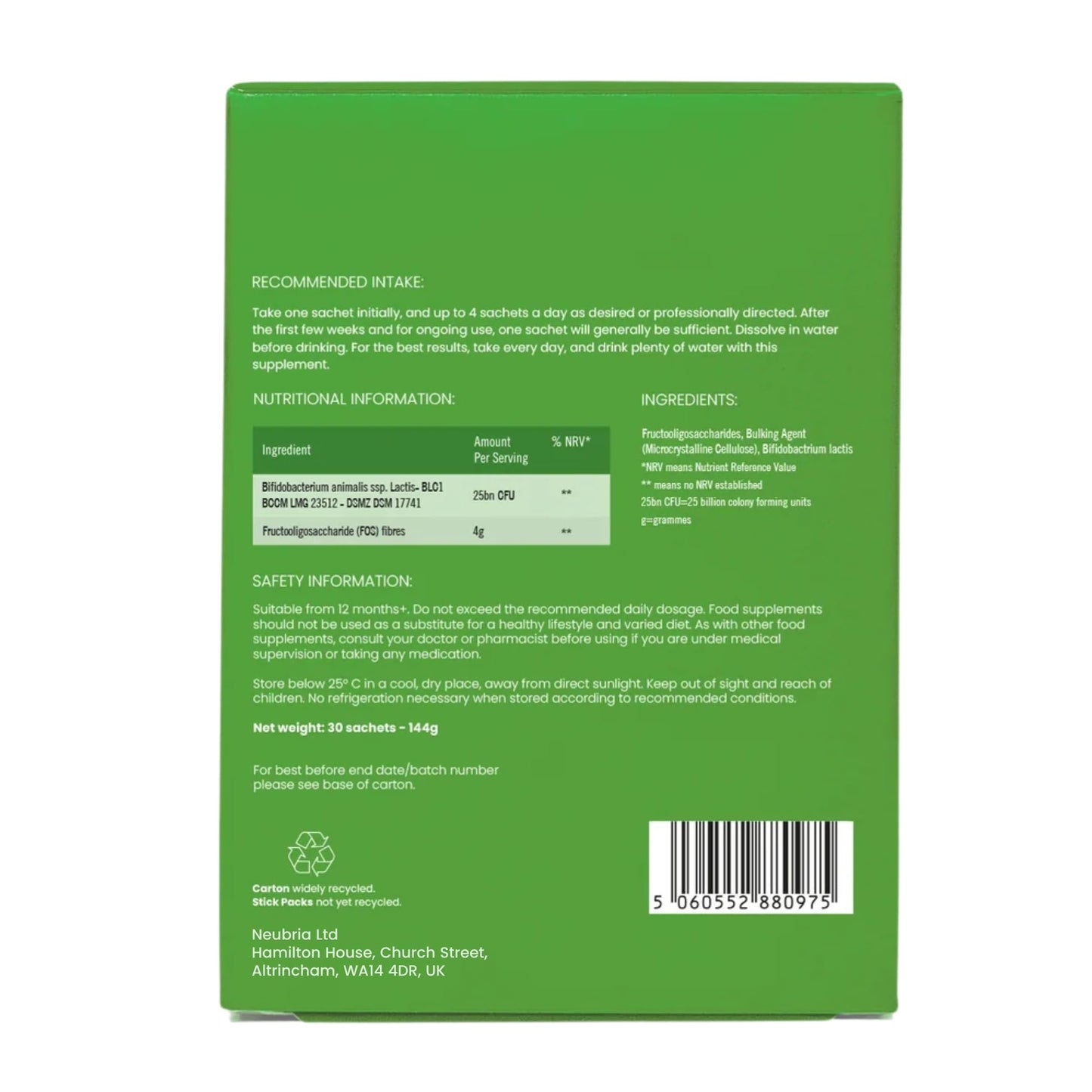 NEUBRIA NEUBIOTIC BIFIDO & Fibre - Bifidobacteria & Prebiotic Fibre Supplement for Gut Health, Digestion & Bloating Relief – 25 Billion CFU Bifidobacterium Lactis & FOS - UK Made – 30 Sachets