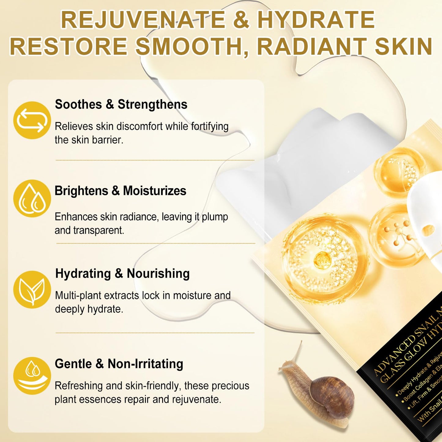 Advanced Snail Mucin Glass Glow Hydrogel Face Masks, Overnight Collagen Face Mask - Deep Hydration, Firm and Smooth Skin Care (4 PC)