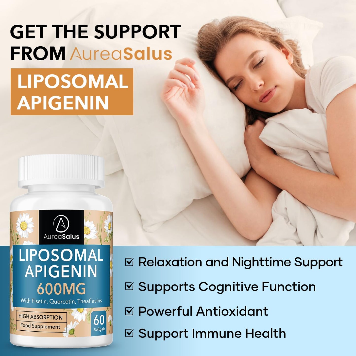 AureaSalus Liposomal Apigenin 600mg, Extra Strength Apigenin Supplement with Fisetin, Quercetin and Theaflavins for Sleep, Relaxation & Mood, Powerful Flavonoid & Antioxidants (60 Count (Pack of 2))