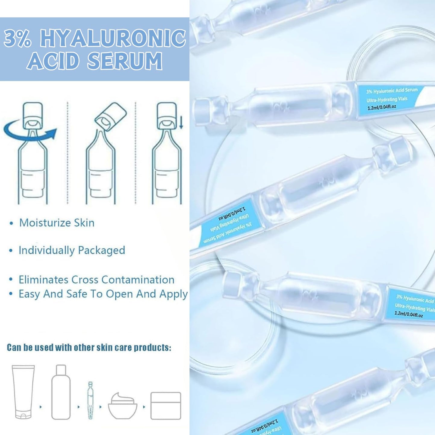 3% Ultra Hydrating Serum 3% Hyaluronic Acid Smoother Skin, Anti-Aging serum for face Single-Use Vials Skincare, Pre-makeup SkinCare, Hyaluronic Acid for Face Erasing Fine Lines and Wrinkles 1.2ml*30