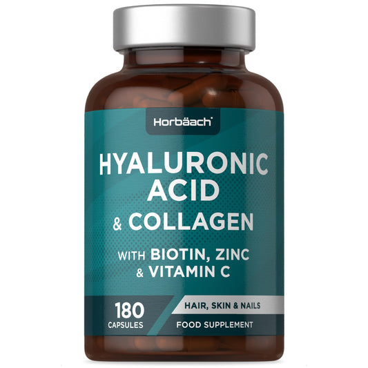 Horbäach Hyaluronic Acid Supplement with Collagen | 180 Capsules | High Strength Complex with Biotin, Zinc and Vitamin C | Hair, Skin and Nails Formula | by Horbaach