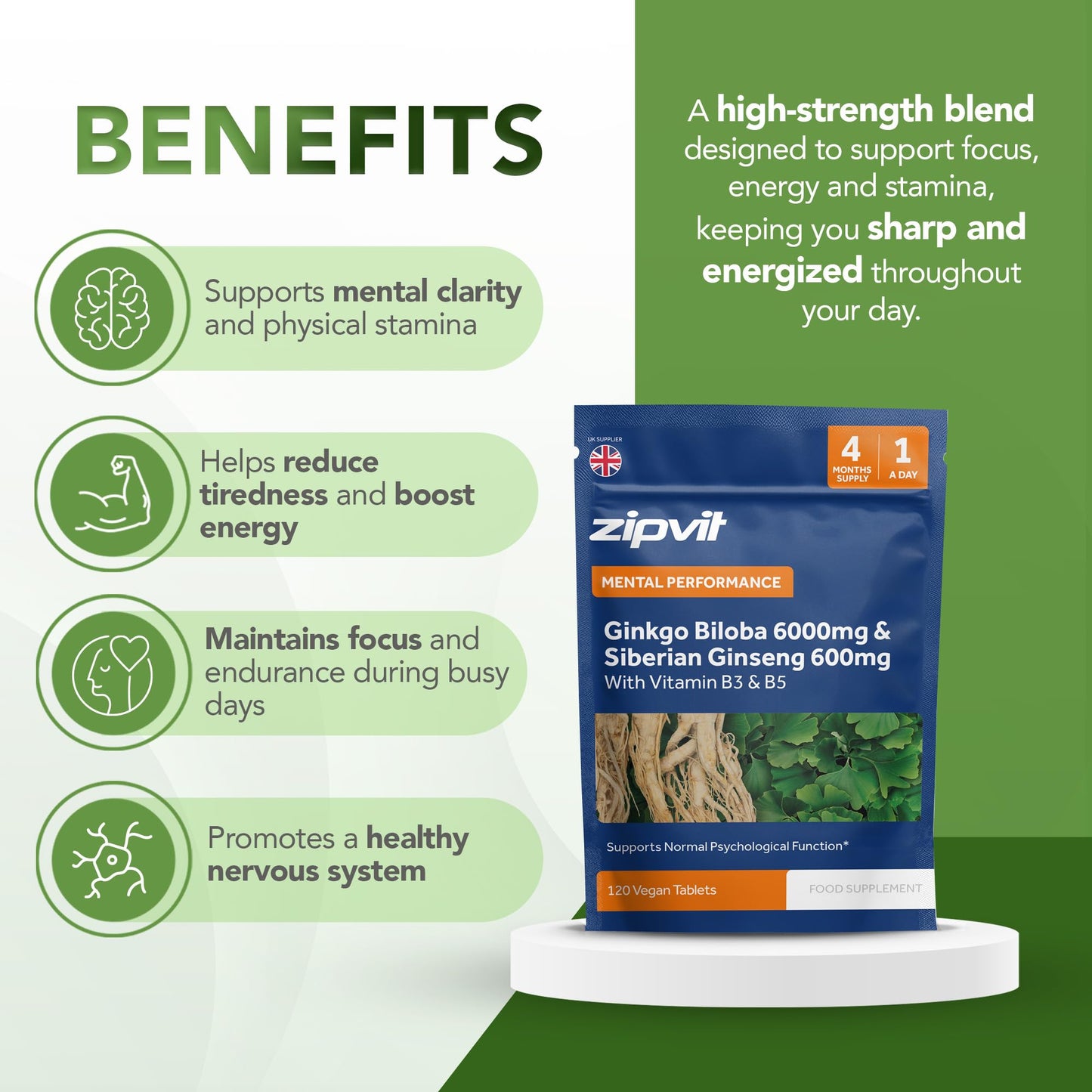 Zipvit Ginkgo Biloba 6000mg & Siberian Ginseng 600mg with Vitamins B3 & B5 Pouch, 120 Vegan Tablets, Supports Energy & Mental Performance, 4 Month Supply