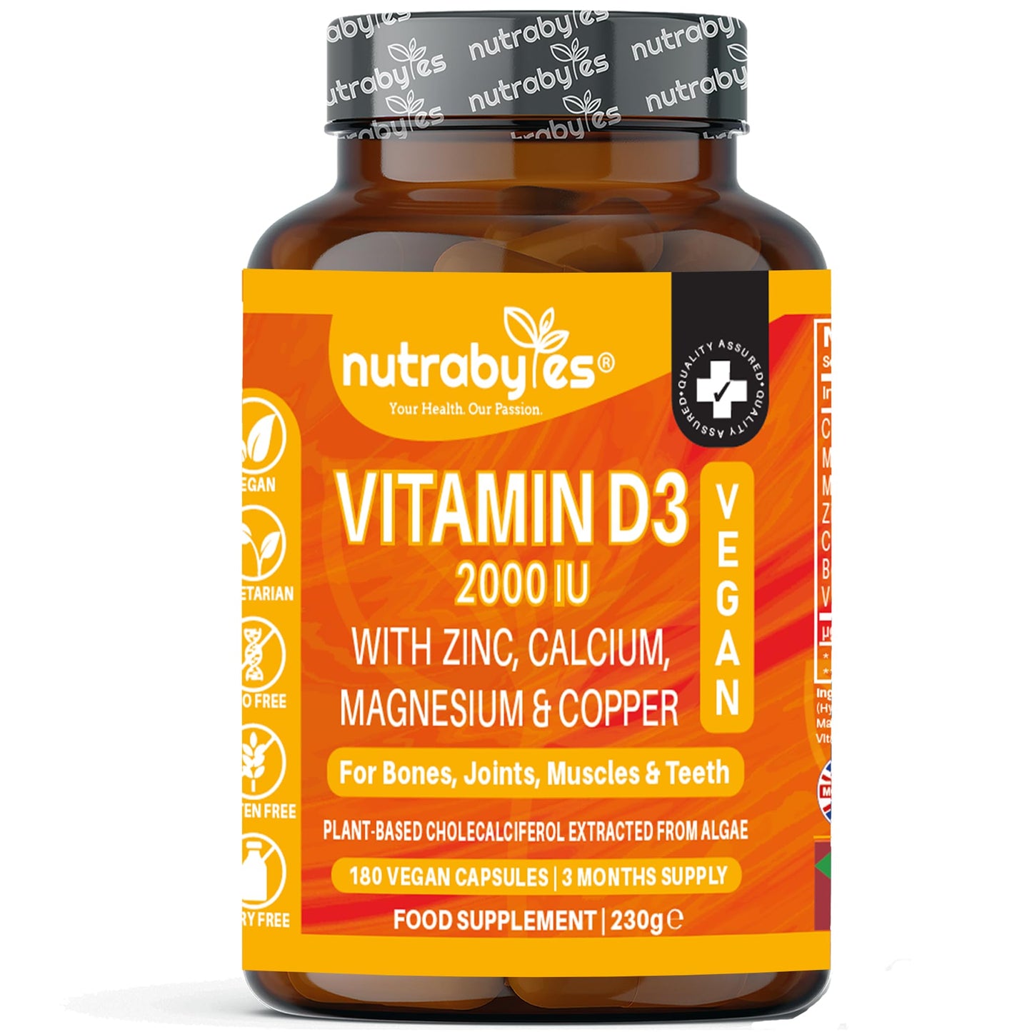 Vegan Vitamin D3 2000iu with Magnesium Calcium & Zinc Supplement, Advanced Immunity Support, Strong Bones & Teeth, Muscle Recovery, Sleep Better,180 Vegan Capsules, 3 Months Supply, UK Nutrabytes