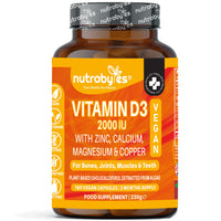 Vegan Vitamin D3 2000iu with Magnesium Calcium & Zinc Supplement, Advanced Immunity Support, Strong Bones & Teeth, Muscle Recovery, Sleep Better,180 Vegan Capsules, 3 Months Supply, UK Nutrabytes