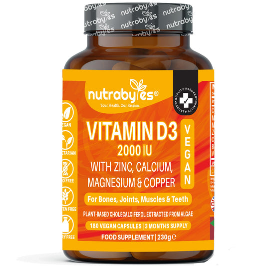 Vegan Vitamin D3 2000iu with Magnesium Calcium & Zinc Supplement, Advanced Immunity Support, Strong Bones & Teeth, Muscle Recovery, Sleep Better,180 Vegan Capsules, 3 Months Supply, UK Nutrabytes