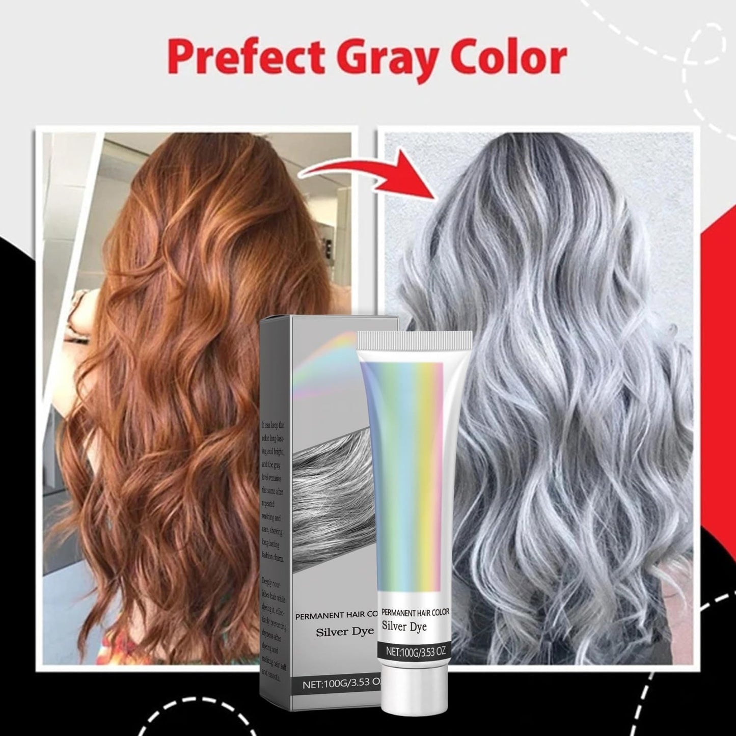 OunTechGlory Natural Essence 2-in-1 Extract Cream - Metallic Silver Gray Hair Dye for Glossy Conditioning and Easy Grey Hair Color