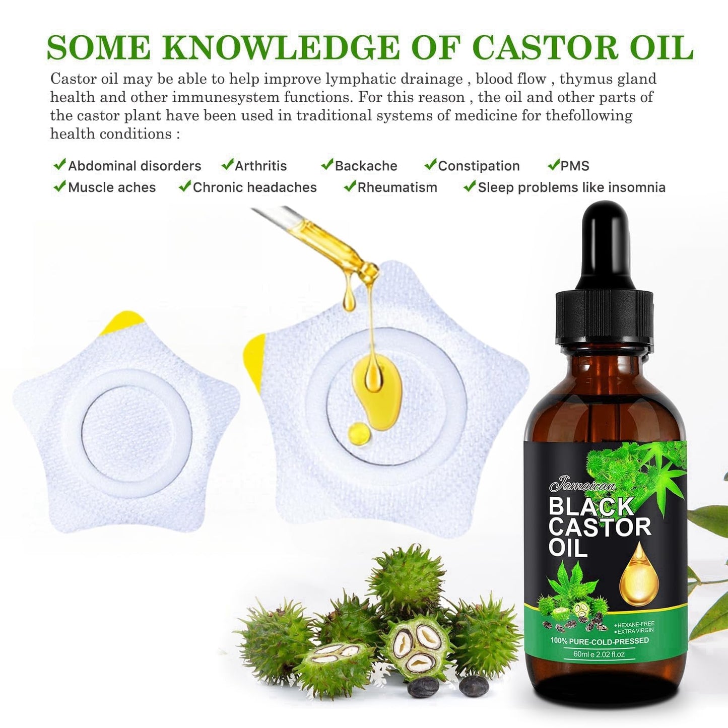 LaluluTek Jamaican Black Castor Oil - Pure Cold Pressed Essential Oil for Body/Face/Skin - Includes 60ml Bottle & 30 Disposable Cotton Packs in Star Shape