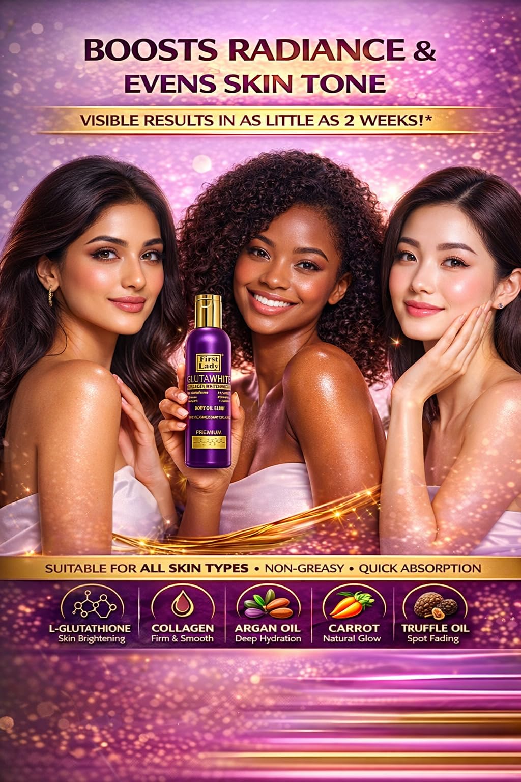 FIRST LADY GLUTAWHITE First Lady Glutawhite Collagen Skin Brightening Body Oil 200ml – Hydrating Glow Oil with Glutathione, Argan, Carrot, Lemon & Coconut Oils – Lightweight Moisturising Body Oil for Radiant Skin