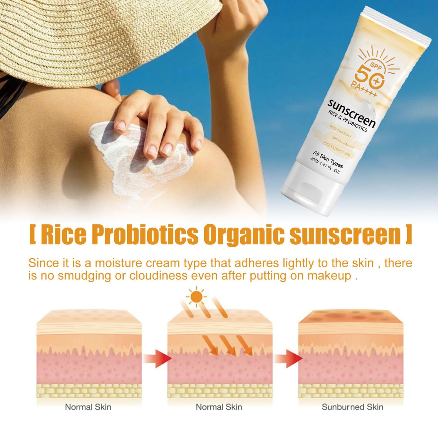 DMQ Rice Sunscreen,Organic Sunscreen SPF50,Face &Body Sun Cream,Strong Sun Protection Sun Lotion with Rice Extracts,Refreshing Body Suncream,Non-Greasy & Breathable,Moisturiser Sunscreen for Oily Skin-40g