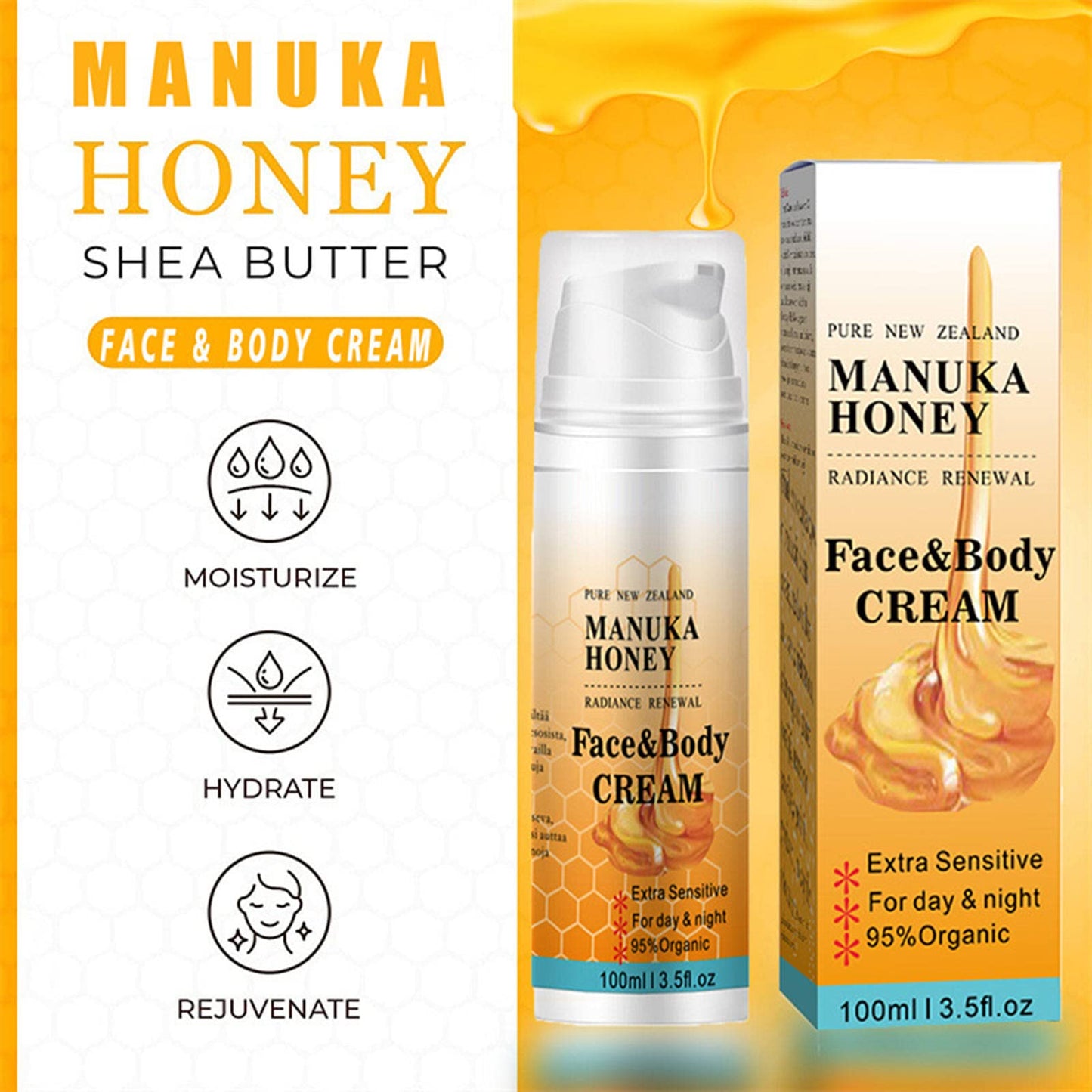 QIEEUMIN Manuka Honey Face Cream Moisturising Soothing Skin Rejuvenation Brilliant Skin Anti-Wrinkle Anti-Aging 2 In 1 Honey Face & Body Cream Moisturiser 100ml