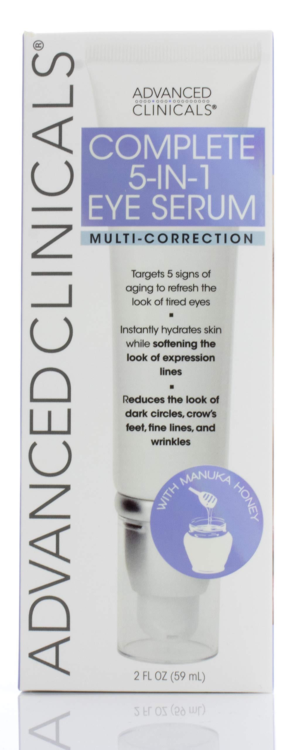 Advanced Clinicals 5-in-1 Multi Correction Anti-Aging Eye Serum with Retinol, Collagen, Vitamin C, and Manuka Honey. For dark circles, wrinkles, crow's feet, fine lines. Large 2oz airless tube.