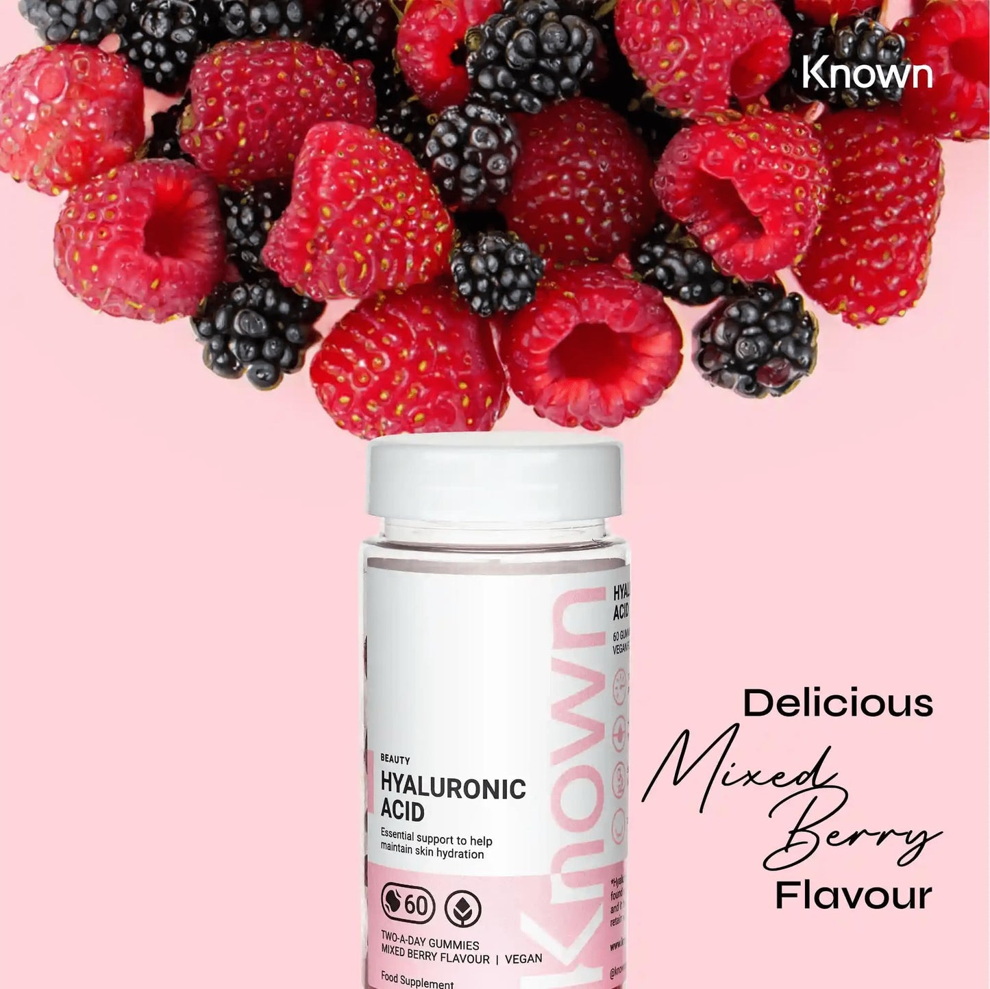 Hyaluronic Acid Gummies by Known Nutrition | Essential Support for Skin Hydration | Delicious Mixed Berry Flavour | 60 Two-a-Day Vitamin Gummies | 100mg Hyaluronic Acid (Pack of 2)