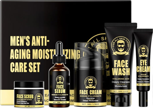 BloomBelle 5PCS Men's Anti-Aging Care Set - Mens Skin Care Sets & Kits - Mens Face Cream, Face Wash & Scrub,Moisturiser For Men Day & Night
