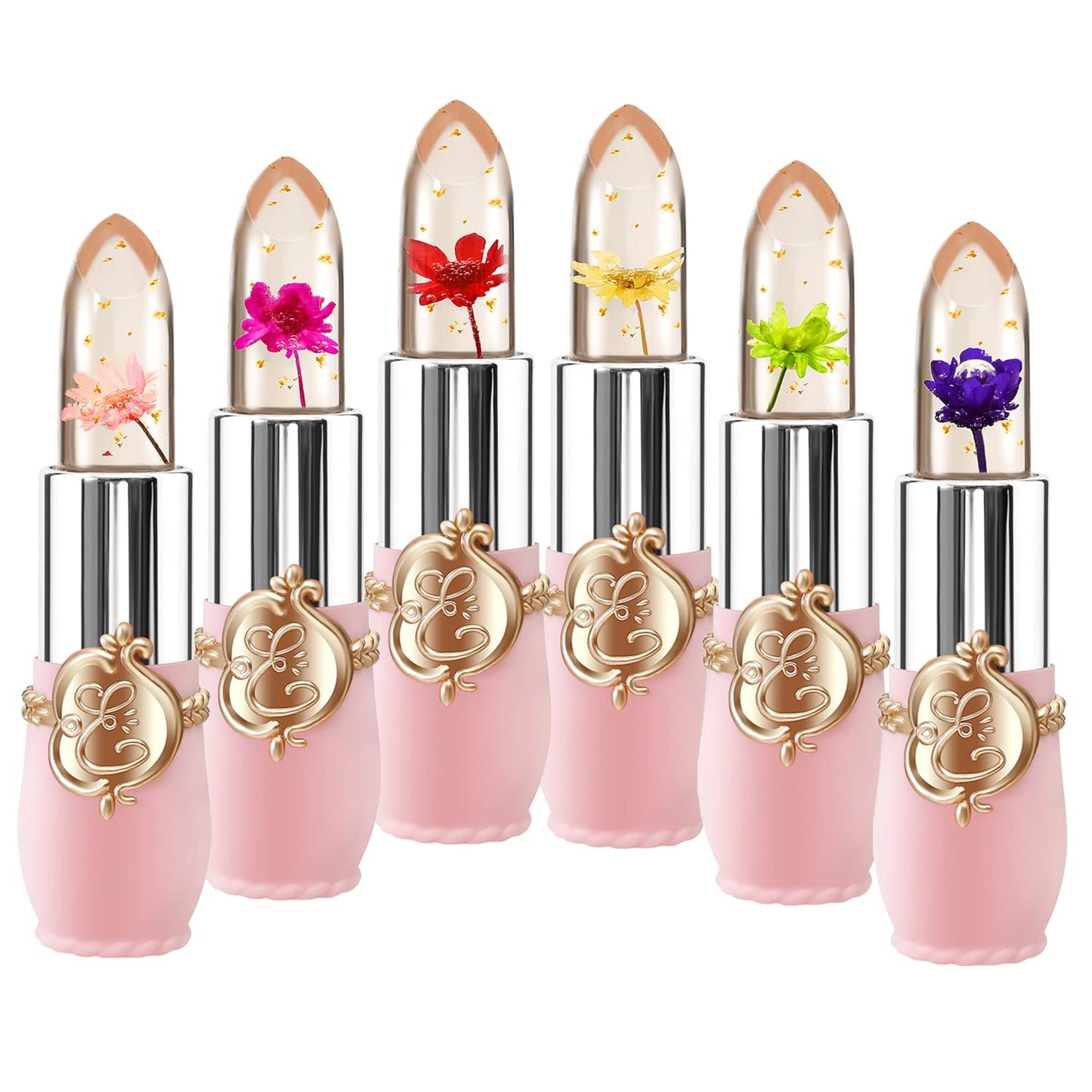 HOPHAT 6 Packs Flower Jelly Lipstick Set Magic Temperature Color Change Lip Balm Long Lasting Moisturizer Lip Gloss Flower Jelly Lipstick Makeup Set (Set A)