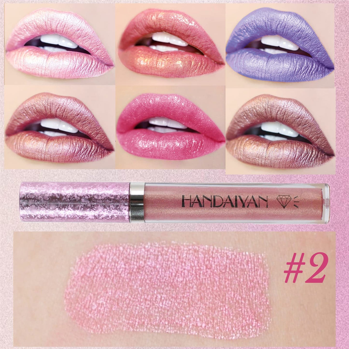 GEEWHILE Lip Gloss Metallic Lipstick Glitter Lipgloss, Shimmer Non-Stick Cup Light Pink Lip Gloss, Lipsticks for Women Long-Lasting Waterproof Metallic Shimmer Liquid Lipstick Sparkle (#02)