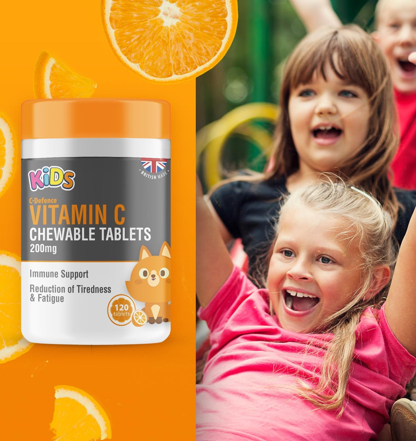 Childrens Vitamin C 200mg 120 Orange Flavour Chewable Tablets Kids Immunity by C.Defence, Made in The UK (120, Orange) (120, Orange)