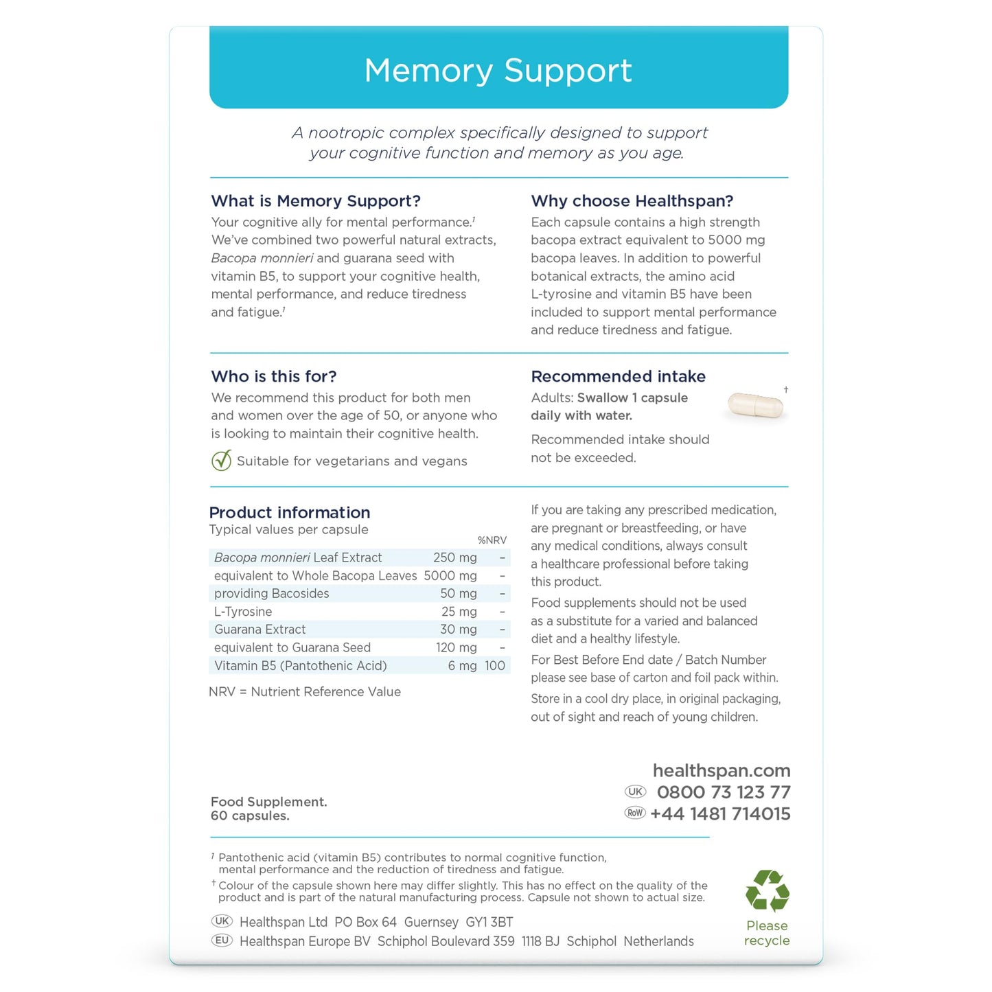 healthspan Healthspan Memory Support | 60 Capsules | Helps Concentration and Memory | Supports Cognitive Decline associated with ageing | High Strength bacopa monnieri Extract | Added Guarana for Alertness