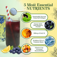 restora:cell Blueberry Cellular Collagen Powder Supplement 100% Natural Grass-fed Bovine Collagen Peptides with Vitamin C - 200 mg CoQ-10-20 Billion CFU Probiotic Blend - Paleo & Keto - 250g