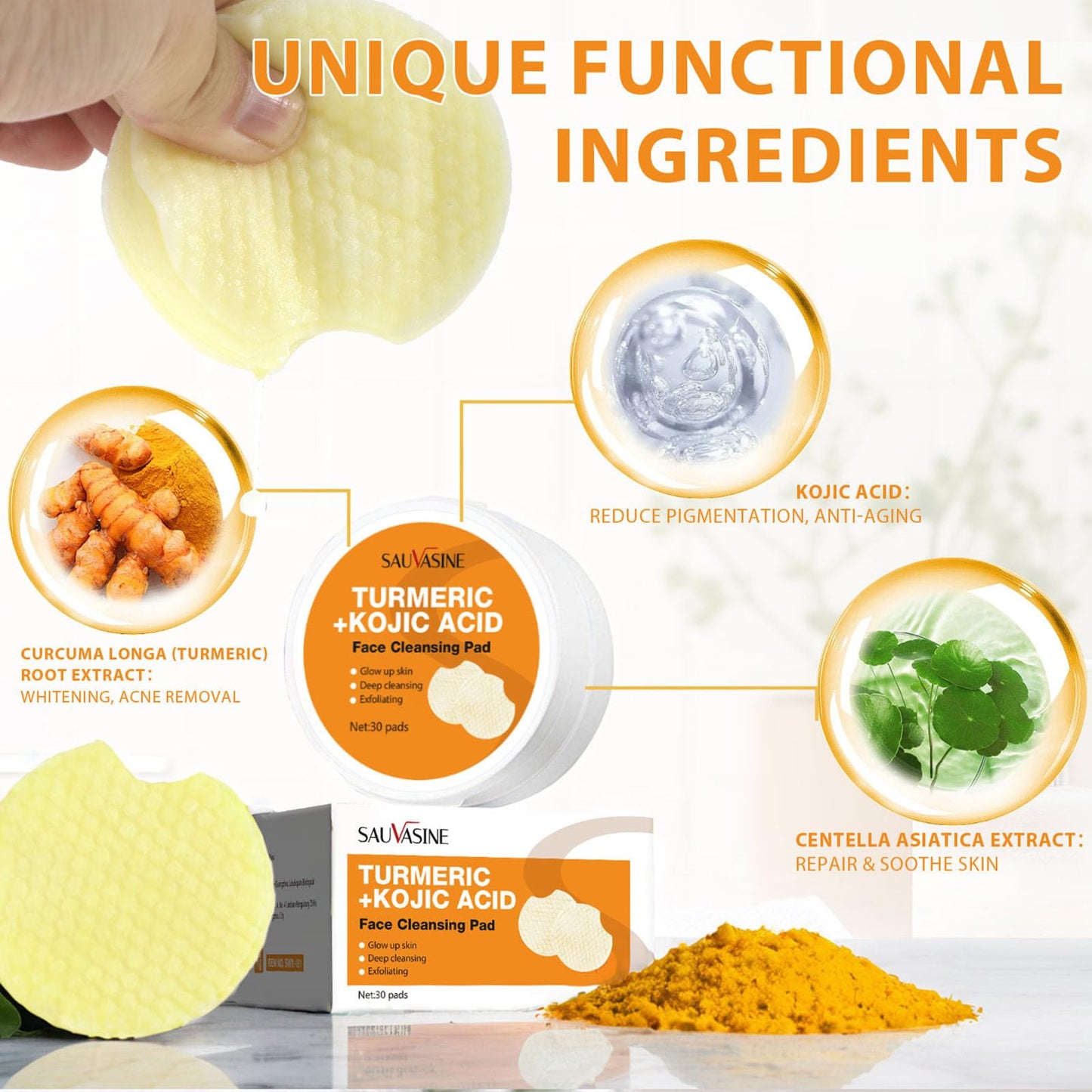 Turmeric Kojic Acid Pads - 30 Pads Kojic Acid and Turmeric Pads - Turmeric Face Pads for Dark Spot - Exfoliating Cleansing Pads for Face & Body - Turmeric Pads for Even Skin Tone, Pore Cleansing