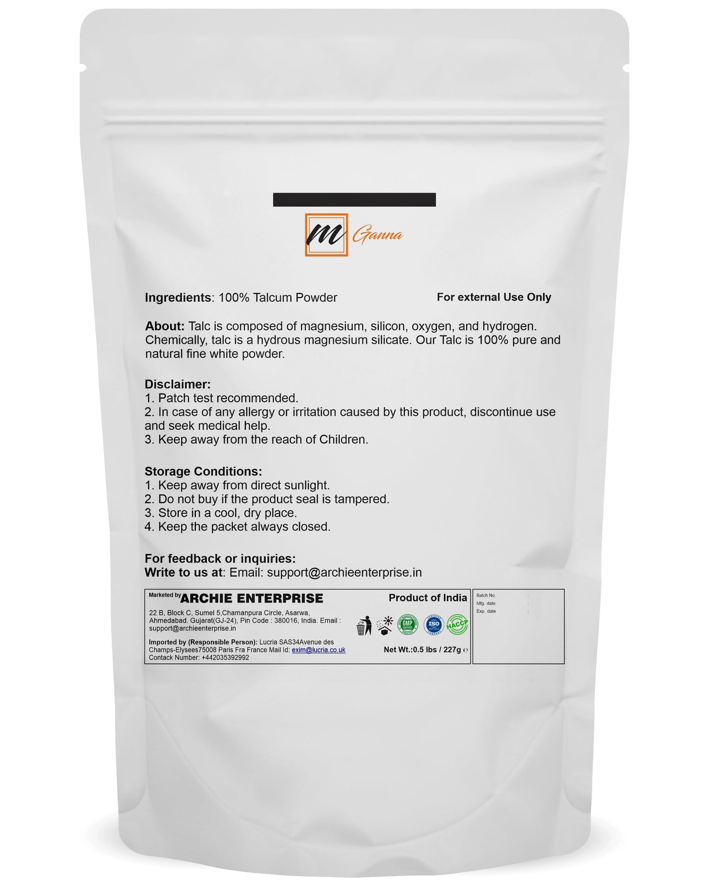 mGanna 100% Natural Talc Powder for Facial Make-up and Cosmetic formulations 0.5 LBS / 227 GMS