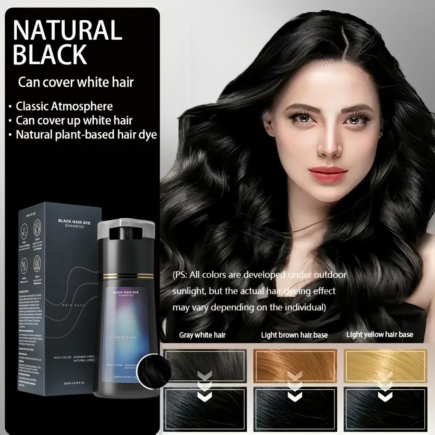 Polar Hair Dye Shampoo,Hair Care Instant Dye Shampoo,Black Shampoo for Grey Hair,Hair Color for Women,3 in 1 Instant Hair Dye Shampoo,Anti Grey Shampoo,Hair Colour Shampoo,Temporary Hair Dye(Black)