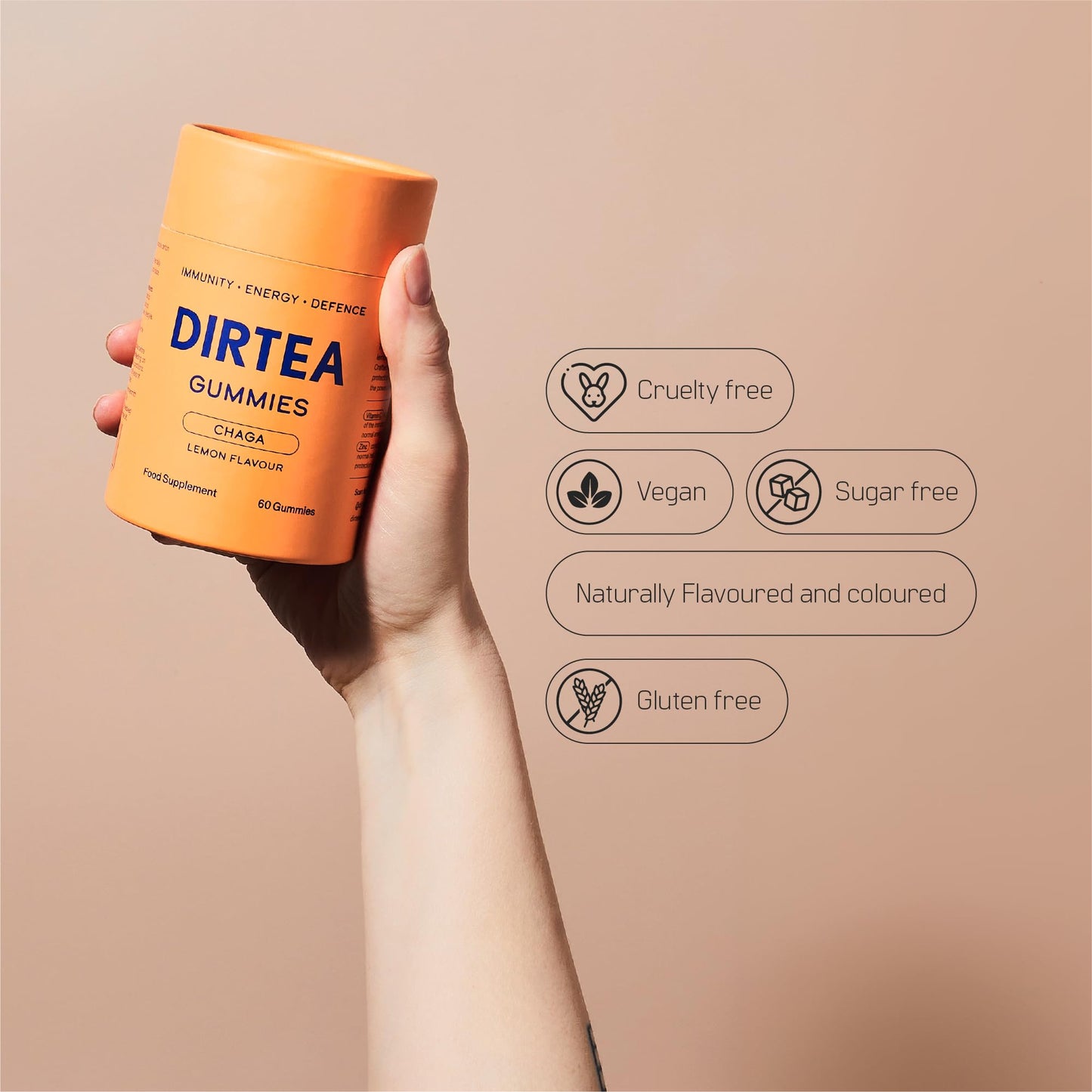 DIRTEA 60 Chaga Mushroom Gummies | 3,000mg / Serving | Vegan, Natural & Sugar Free | Vitamin C & Zinc | Immunity & Energy Supplement | 60 Gummies (30 Servings) - Lemon Flavour