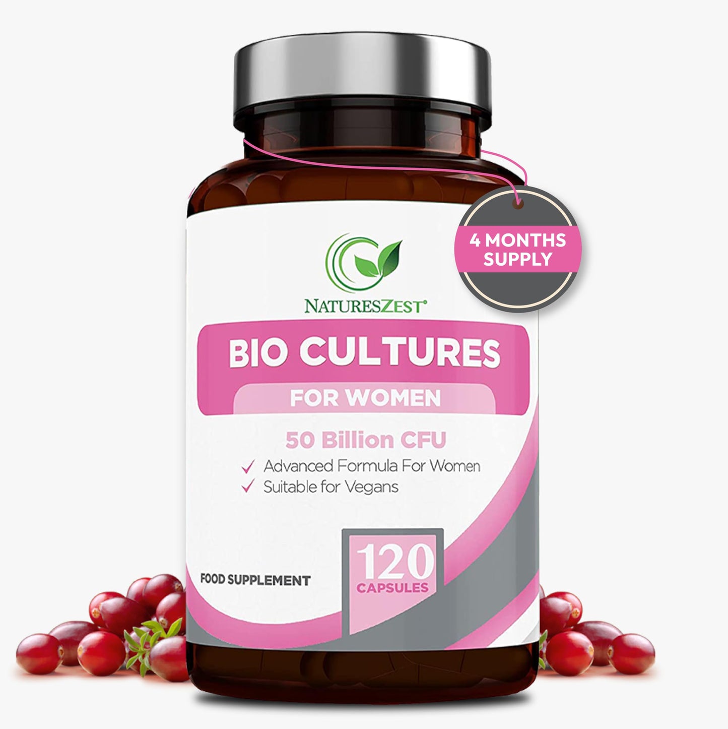 Natures Zest Probiotics for Women - 50 Billion CFU -120 Vegan Caps for Gut Health & Intimate Flora Probiotics Complex + Prebiotics enriched with Cranberry Extract, Lactobacillus Reuteri & Rhamnosus- 4 Month Supply