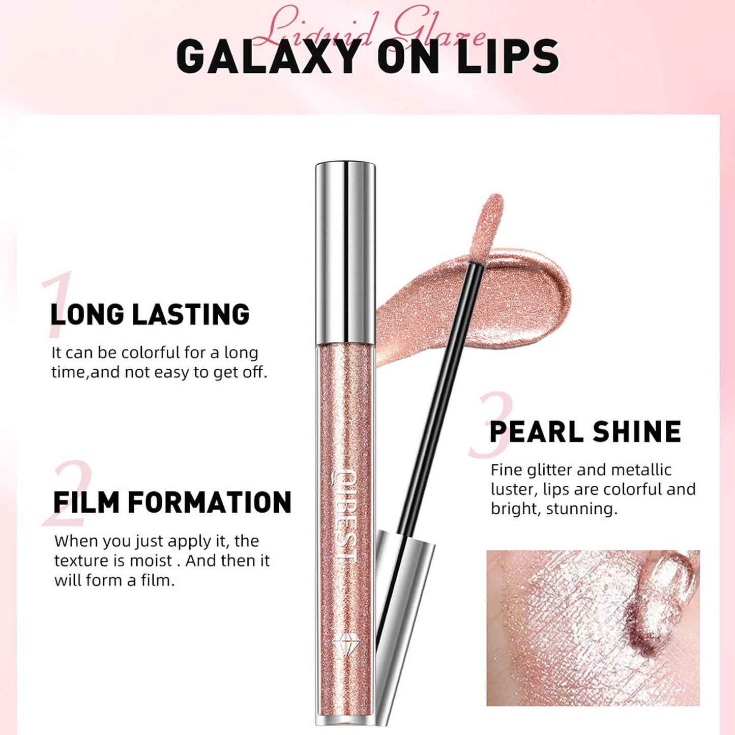 QUIWEN Glitter Lip Gloss Metallic Diamond Glitter Liquid Lipstick Pink Shimmer Lipstick Waterproof Lightweight Soft Metallic Eyeshadow Lipgloss Long-Lasting Nonstick Cup Pink Lip Gloss Shiny And Sparkle