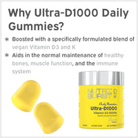 Nutriburst Ultra-D1000 Multipack - Vitamin D3 (1000IU) + Vitamin K2 (80µg) for Healthy Muscles & Bones - Lemon Flavour - 3 x 60 Gummies / 3 Month Supply - Suitable for Vegans