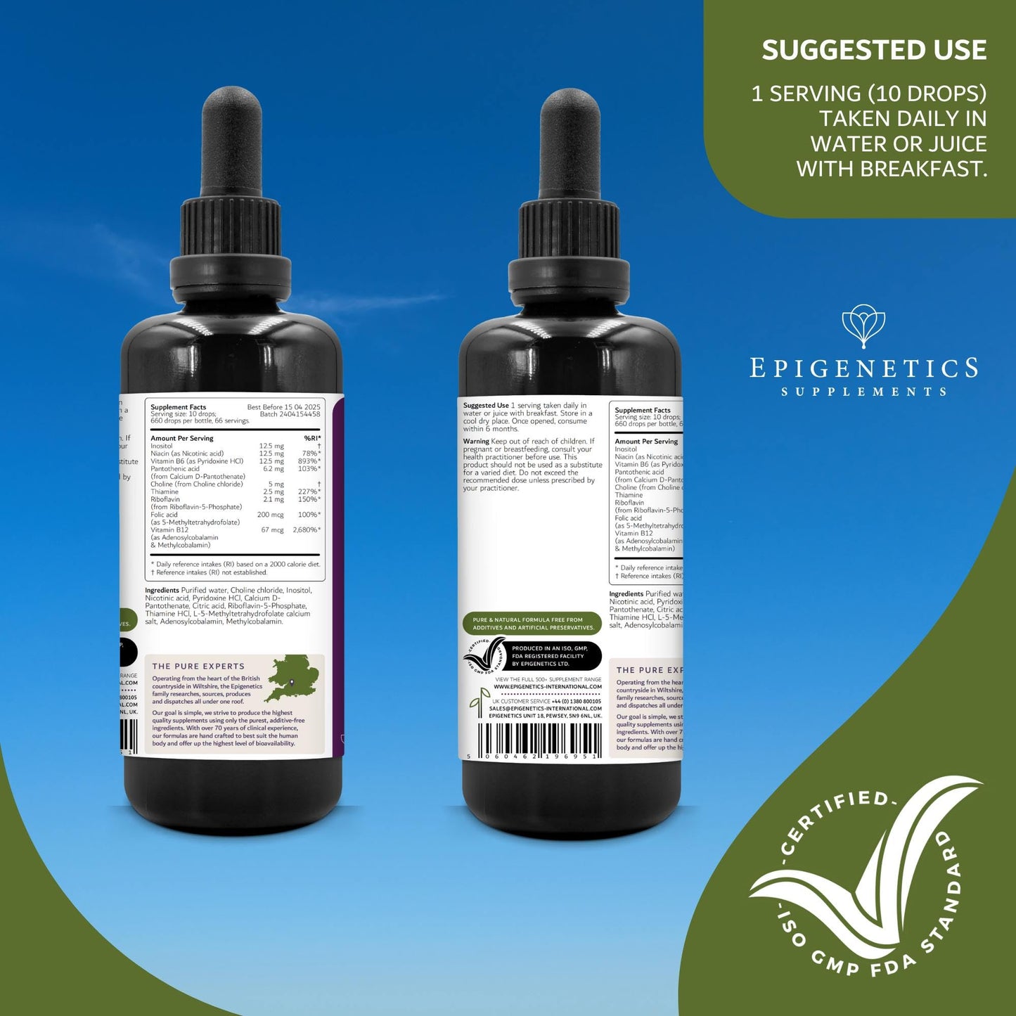Epigenetics Vitamin B Complex Liquid Drops 50ml | 2 Months Supply, 66 Servings. High Strength Vitamin B12 Methylcobalamin & Adenosylcobalamin, B1, B2, B3, B5, B6 with Choline, Folic Acid | UK Made & Vegan