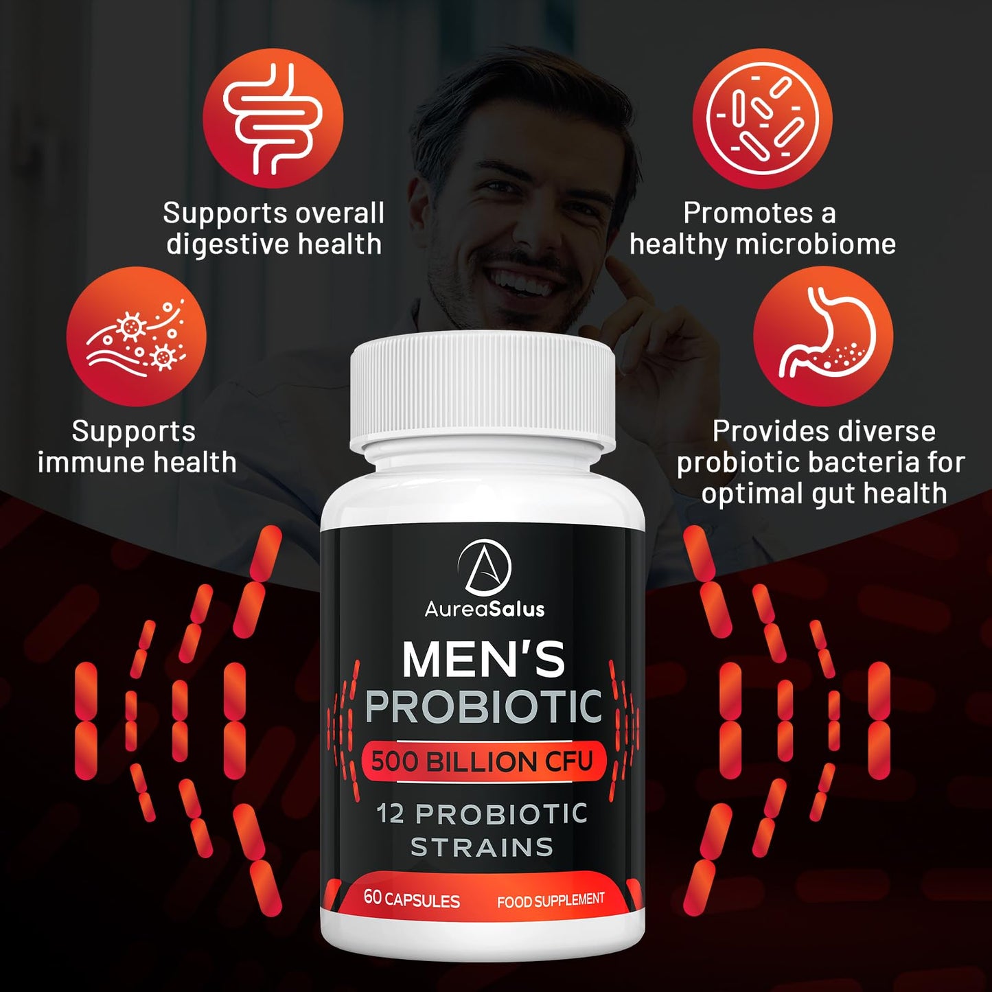 AureaSalus Probiotic for Men, 500 Billion CFU 12 Strains, Men's Probiotic with Cranberry, Turmeric, Goji Berry, Probiotics for Gut & Digestive Health, Gluten and Dairy Free, 60 Capsules (60 Count (Pack of 1))