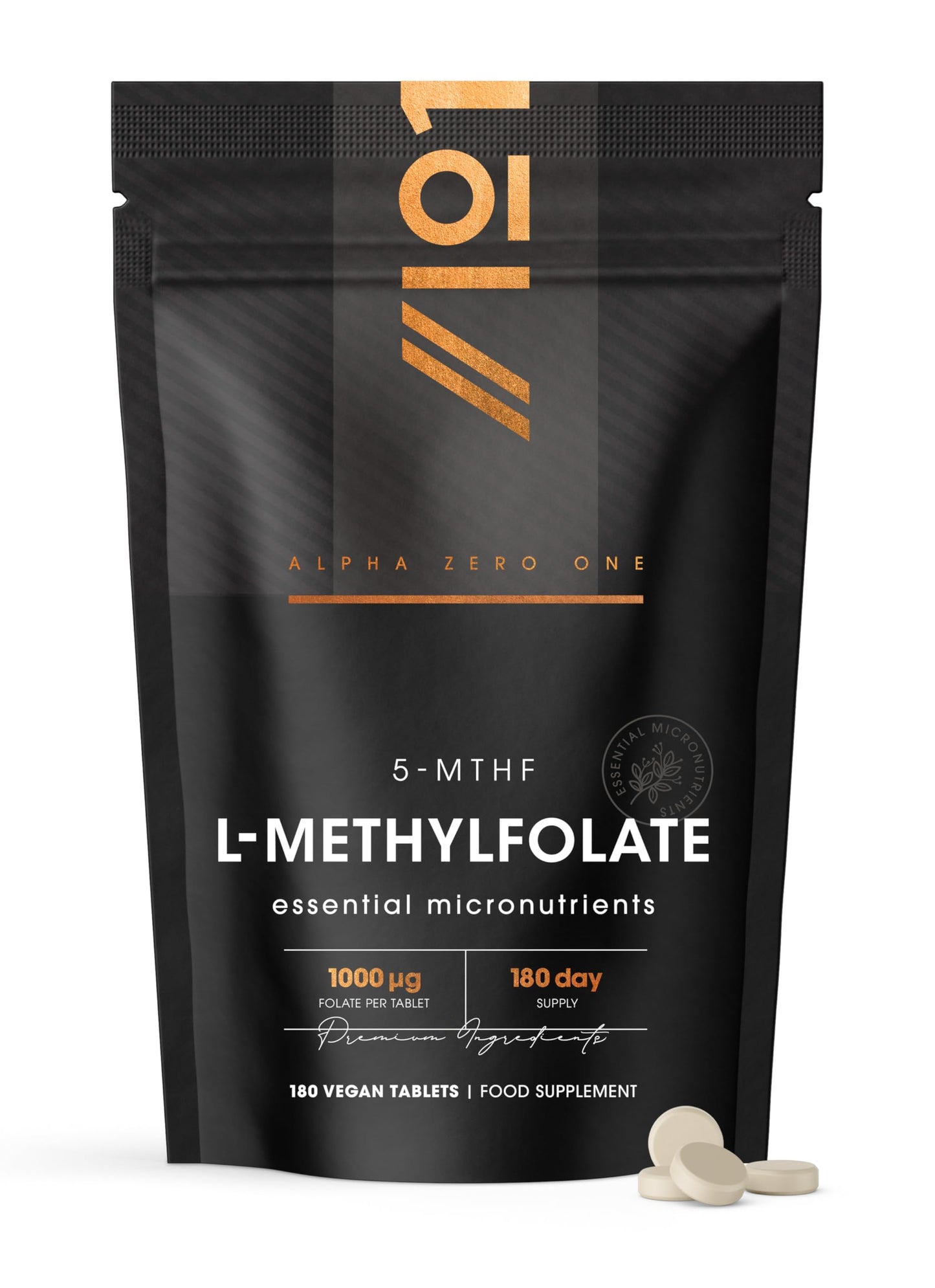 Folate (L-Methylfolate) 1000μg with BioPerine® - 180 Vegan Tablets - L-5-MTHF Active Form of Folic Acid/Vitamin B9 - Resealable and Recyclable Pouch by Alpha01