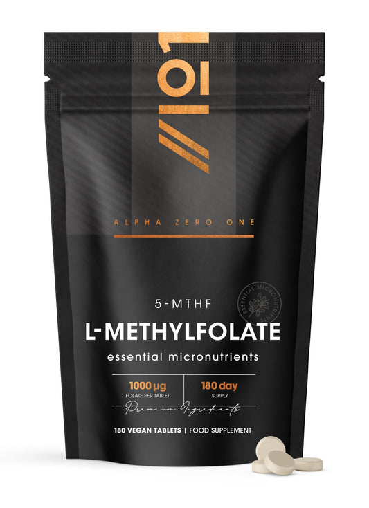 Folate (L-Methylfolate) 1000μg with BioPerine® - 180 Vegan Tablets - L-5-MTHF Active Form of Folic Acid/Vitamin B9 - Resealable and Recyclable Pouch by Alpha01