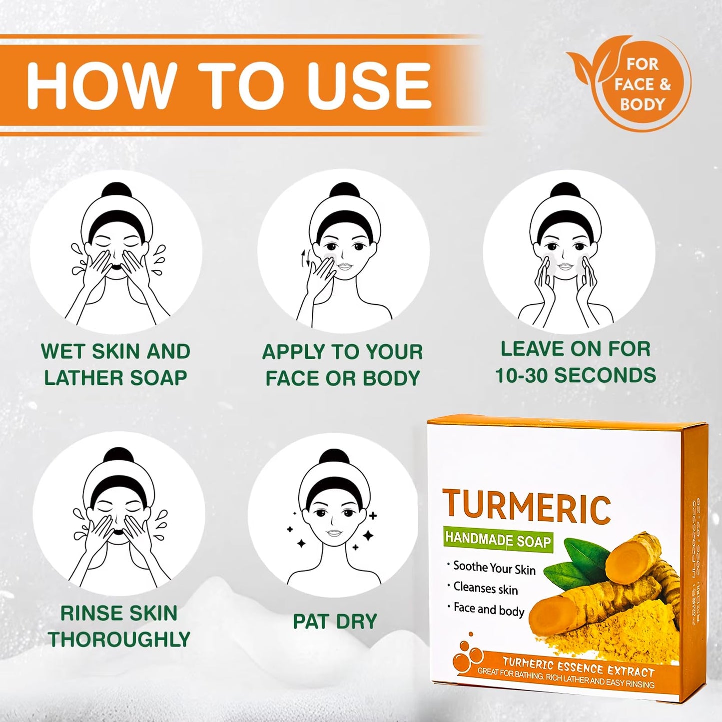 2PCS Wormeer Turmeric Soap Bar, Tumeric Soap for Face & Body,Turmeric Cleansing Bar, Rich in Narious Nutrients, It Is Equipped with a Foam Net to Improve Fine Lines