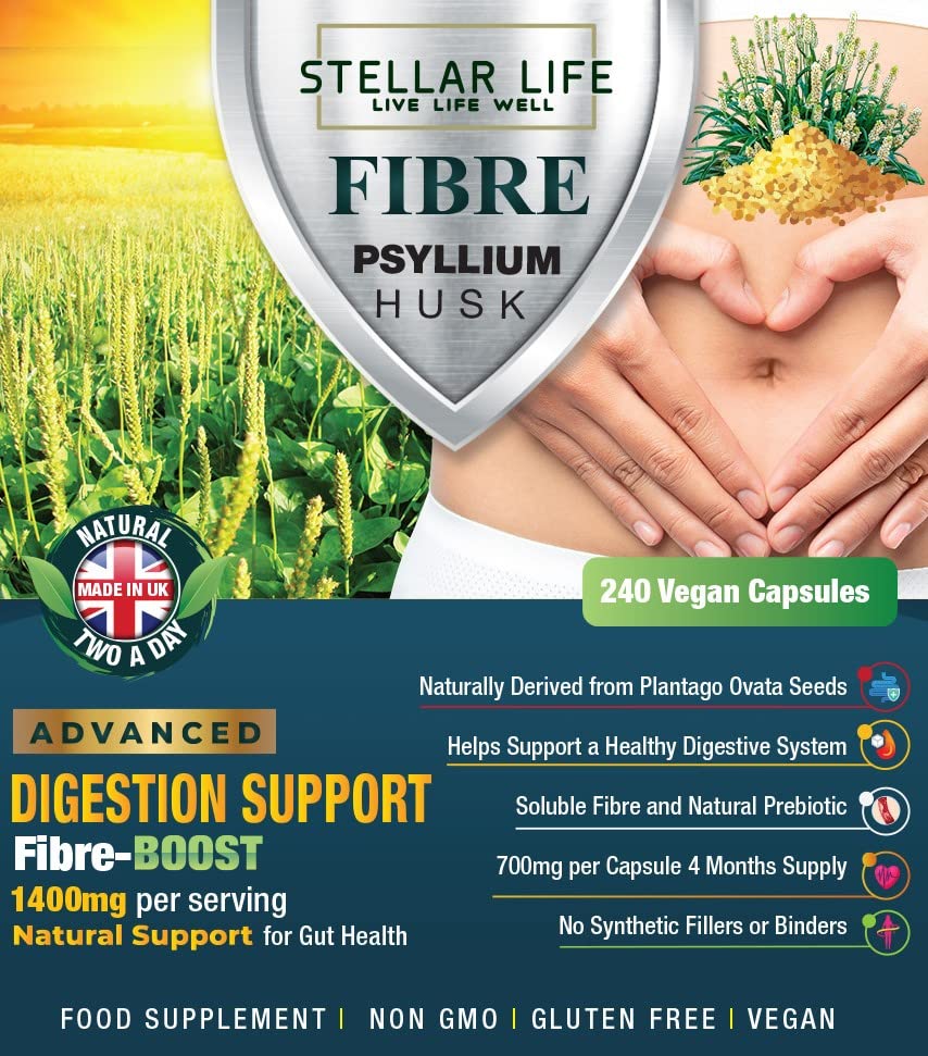 240 X Psyllium Husks Fibre Supplement – 1400mg per Serving – Naturally High in Soluble Fibre – High Strength Vegan Capsules – 4 Months Supply – Made in The UK