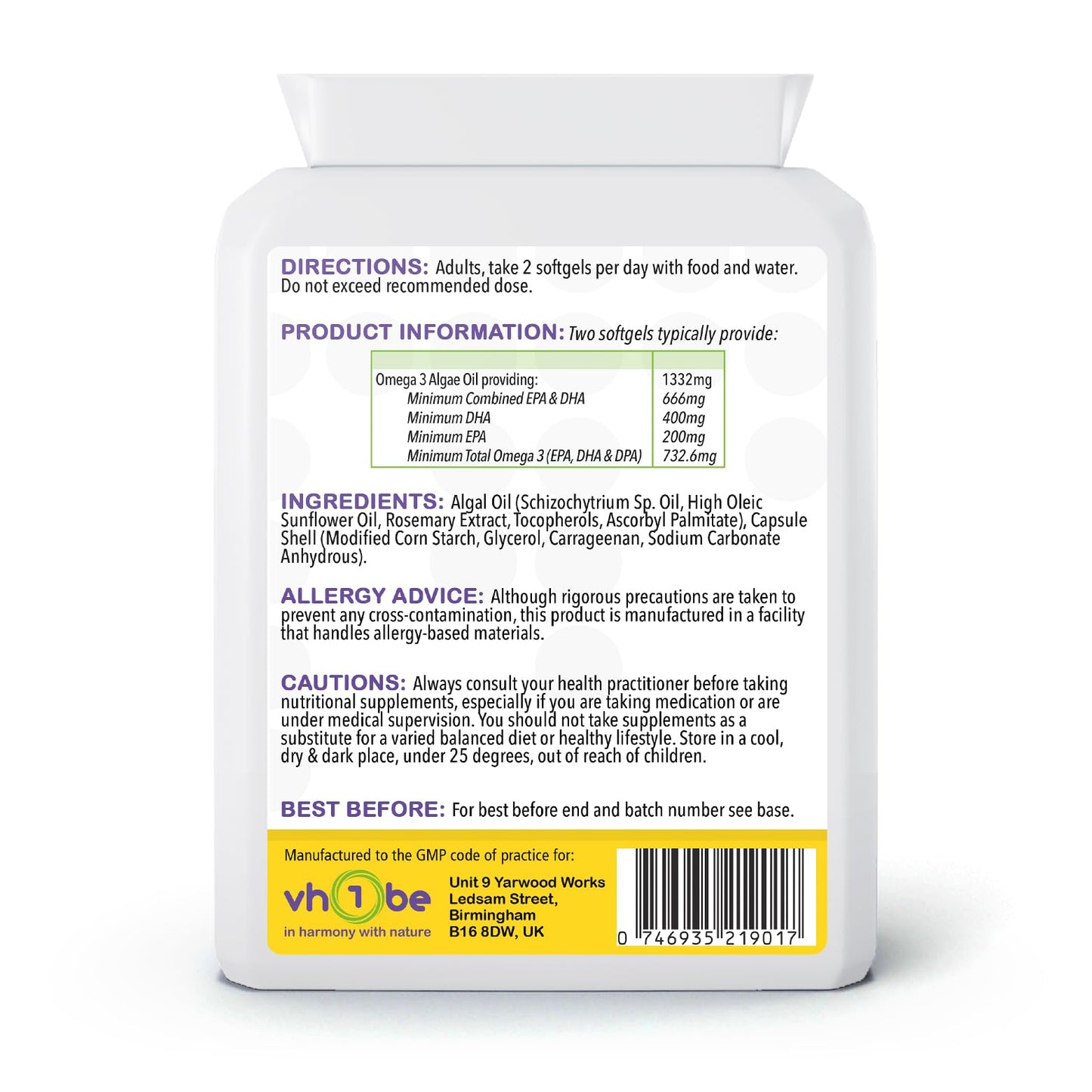 vh1be Vegan Omega 3 Algal Oil 90 Softgels
