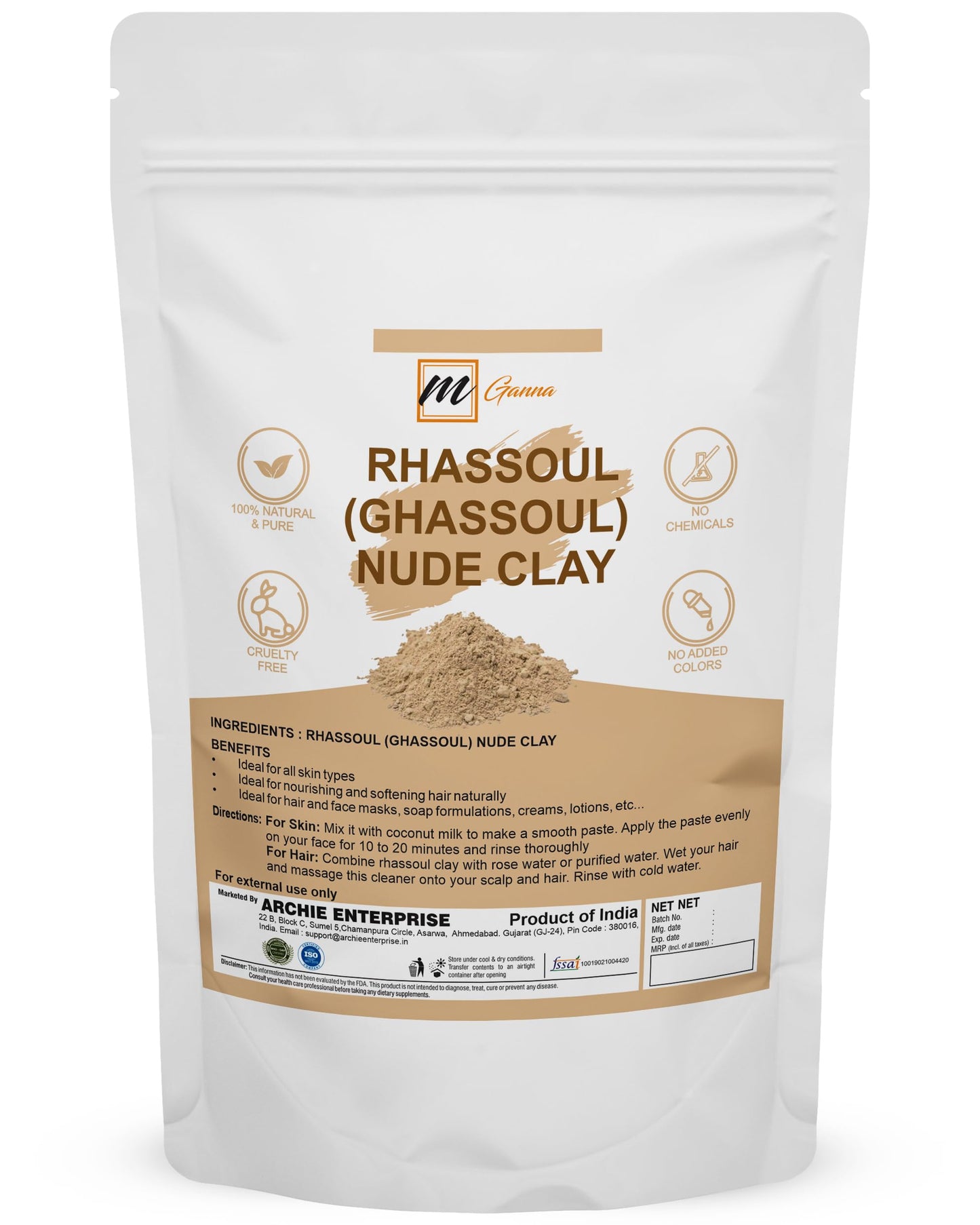 mGanna 100% Natural Rhassoul Clay Powder (Indian Origin) for Anti-Ageing & Skin firming, Hair Masks, Scrubs, Creams and Soap Making 0.5 LBS / 227 GMS (Red)