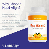 Nutri-Align Mega Vitamin C | 120 High Strength Vitamin C Capsules 1000mg Vit C per Serving - Vitamin C and Zinc, Iron & Copper Supplement | Vitamin C Supplements | Gluten & Sugar Free | Made in the UK