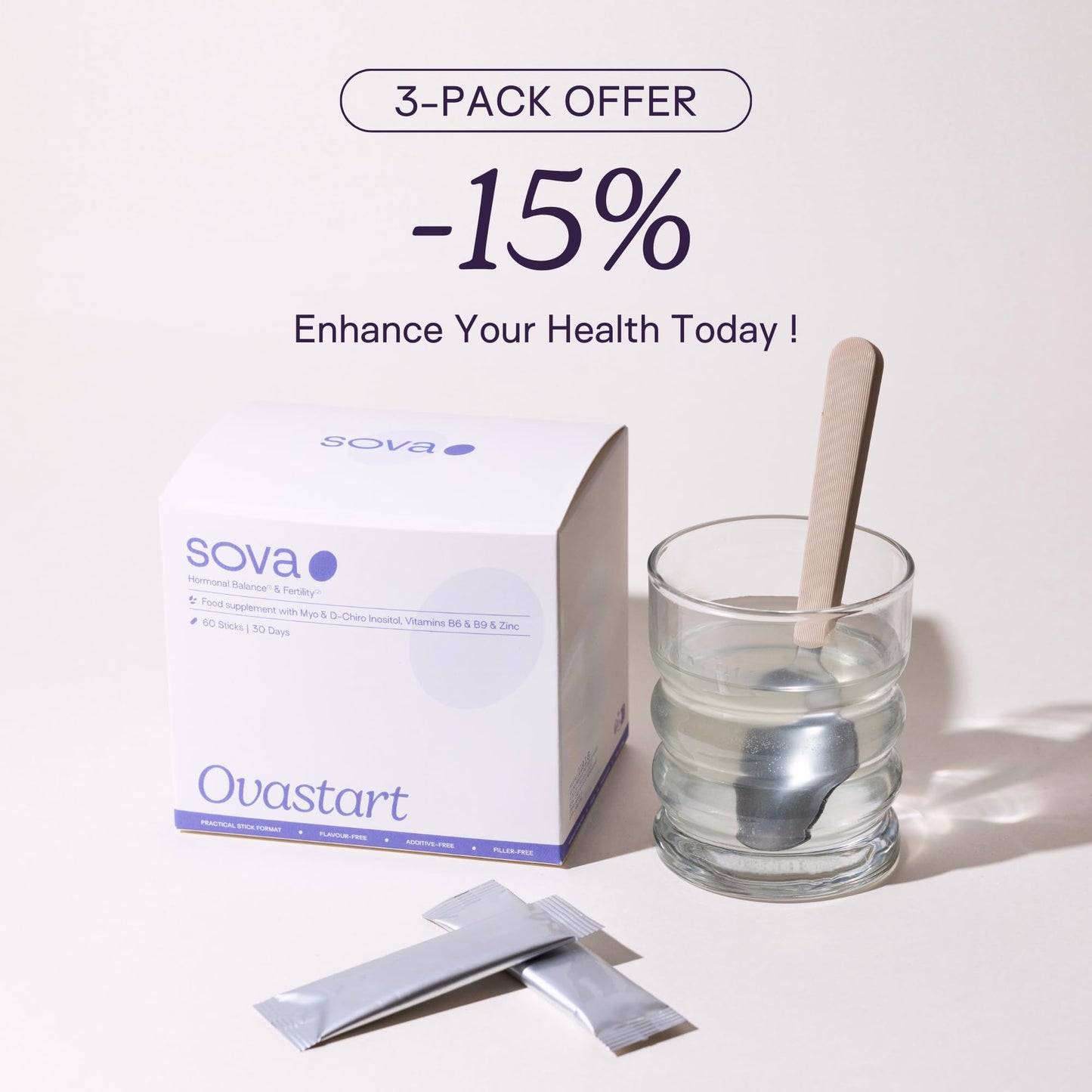 SOVA - Ovastart - PCOS, Fertility, Hormonal Balance - Highly Dosed Myo-inositol & D-chiro inositol - Zinc, Vitamin B6, and Quatrefolic® Vitamin B9-60 sticks
